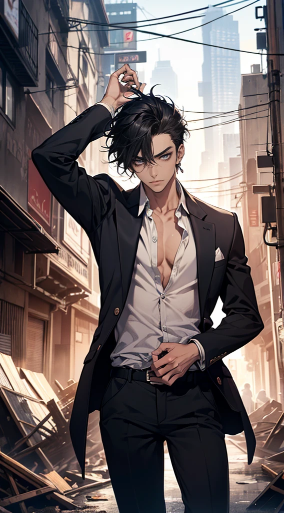 (masterpiece, best quality, highres, ultra-detailed), 1man, male focus, spiky black hair, grey eyes, handsome, detailed eyes and face, male body, earrings, ear piercing,  unbuttoned black blazer, white shirt, trousers, bare collarbones, chain necklace, city slums background, by amano akira, full body, cigarette, cigarette smoke, guy smoking,1guy, masterpiece