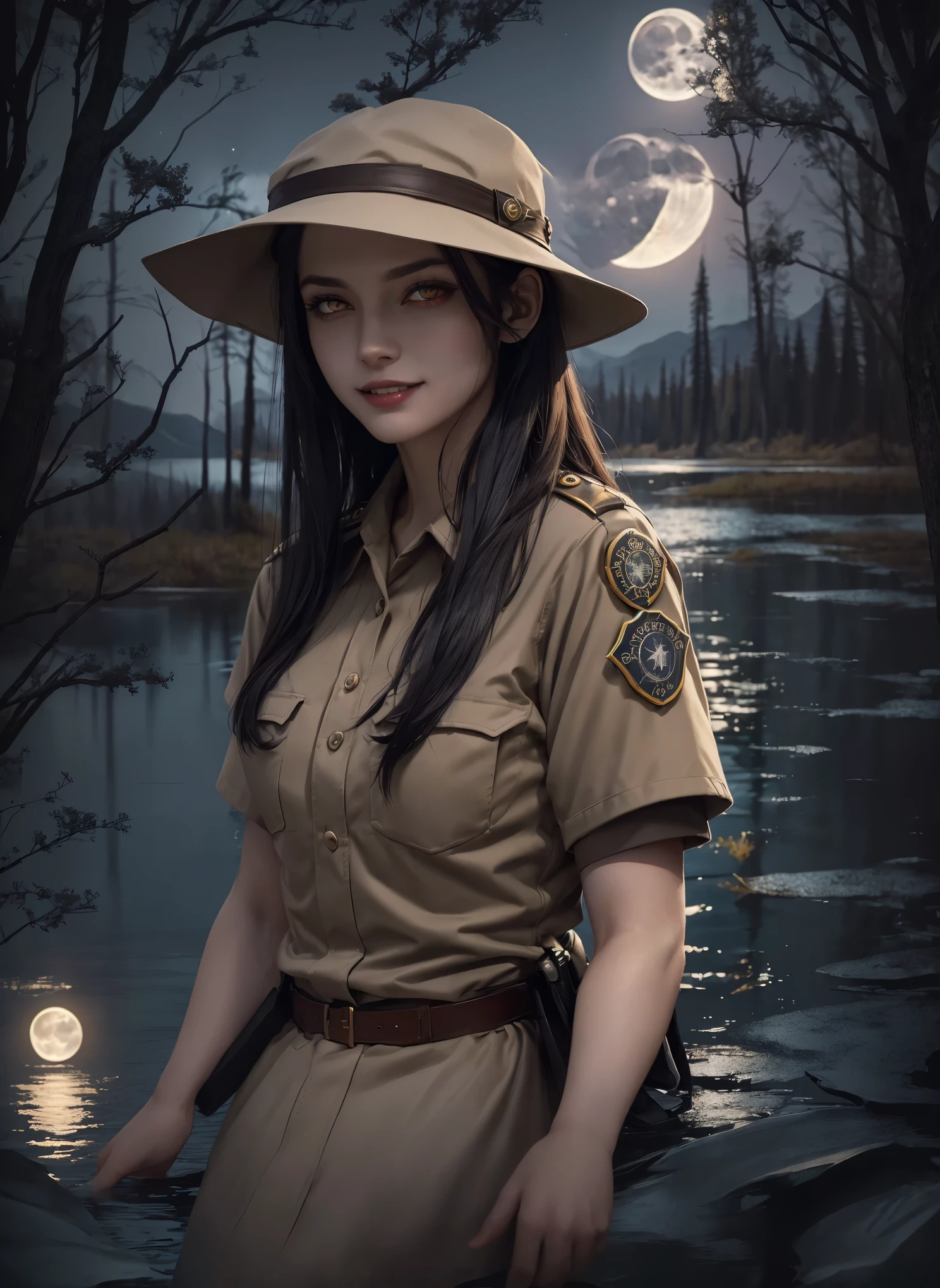 (((night, moonlight))) ((a deserted lake)), style of a painted book illustration, dramatic lighting, ((depth of field)), ((masterpiece)), ((best quality)), ((highly detailed)), horror theme