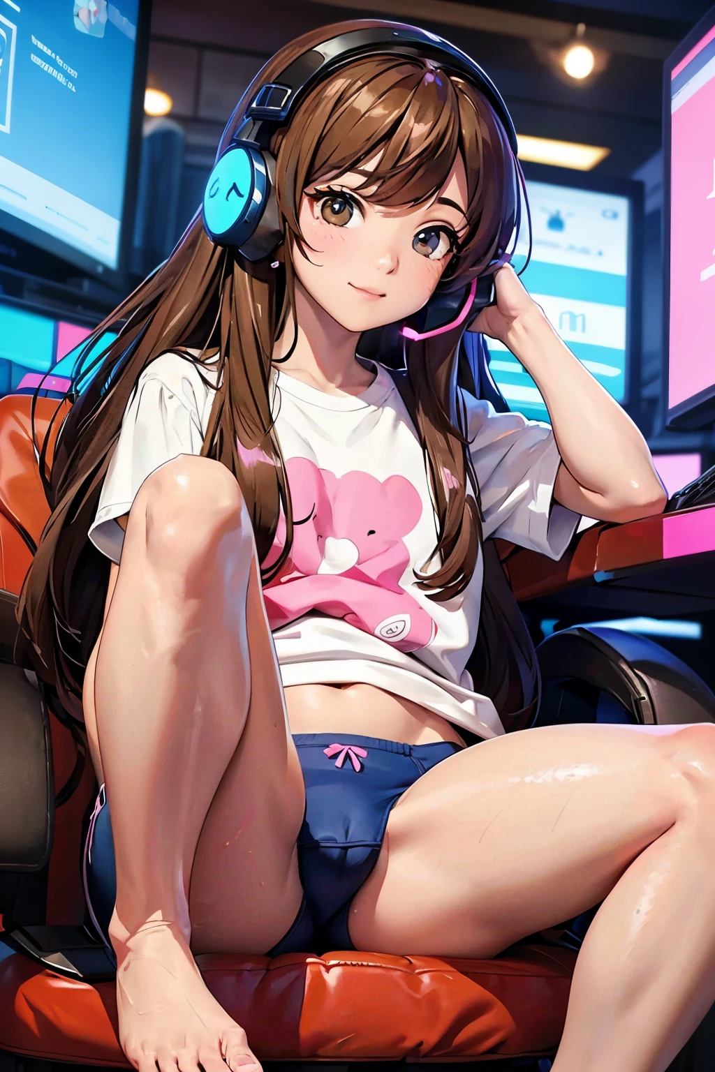 Brown long-haired。Brown eyes。Wearing gaming headset。I'm at home。Sitting down。Showing feet。Looking forward。no socks。wearing blue and pink underwear。horny blushing sexy