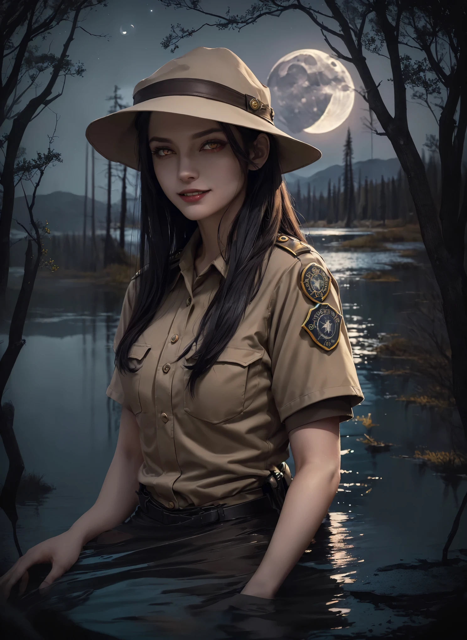 (((night, moonlight))) ((a deserted lake)), style of a painted book illustration, dramatic lighting, ((depth of field)), ((masterpiece)), ((best quality)), ((highly detailed)), horror theme