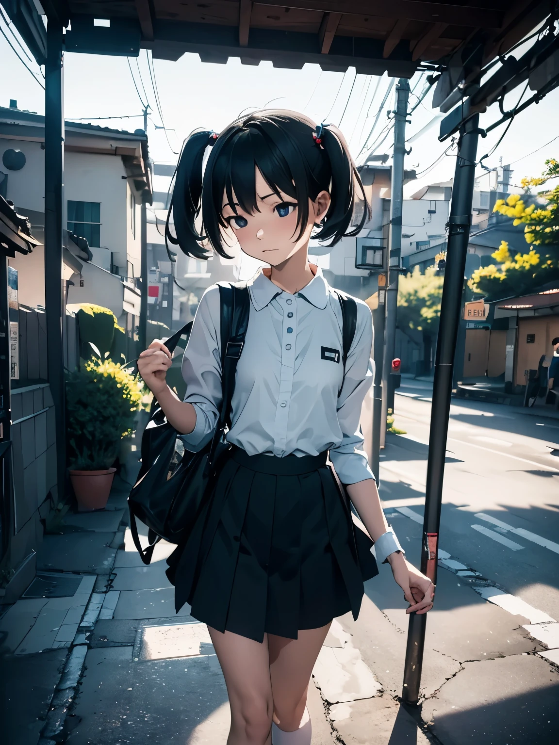 (masterpiece、highest quality、highest quality、Official Art、Beautiful and beautiful:1.2)、(One girl:1.3)Hatsune Miku、Twin tails,Beautiful breasts,Super high quality by the god of art, Super detailed, High resolution, Anime Moe Art Style, best anime 8k konachan wallpaper, pixiv Contest Winner, Perfect Anatomy, break,(Draw a girl walking sleepily to school. ),break, One Girl, (alone,,,13 years:1.3),Complete limbs, Full Finger,, The charm of androgyny, (Very short hair), Sleeping hair, My hair is messy, Flat Chest, Small Ass, between legs, Small eyes,Beautiful and exquisite black eyes, Well-proportioned iris and pupil, Disgusted Eyes, High resolution detailed hair, , skirt, On the way to school. break,Super detailed細なスキン, Best lighting by famous artists, 8k, figure,