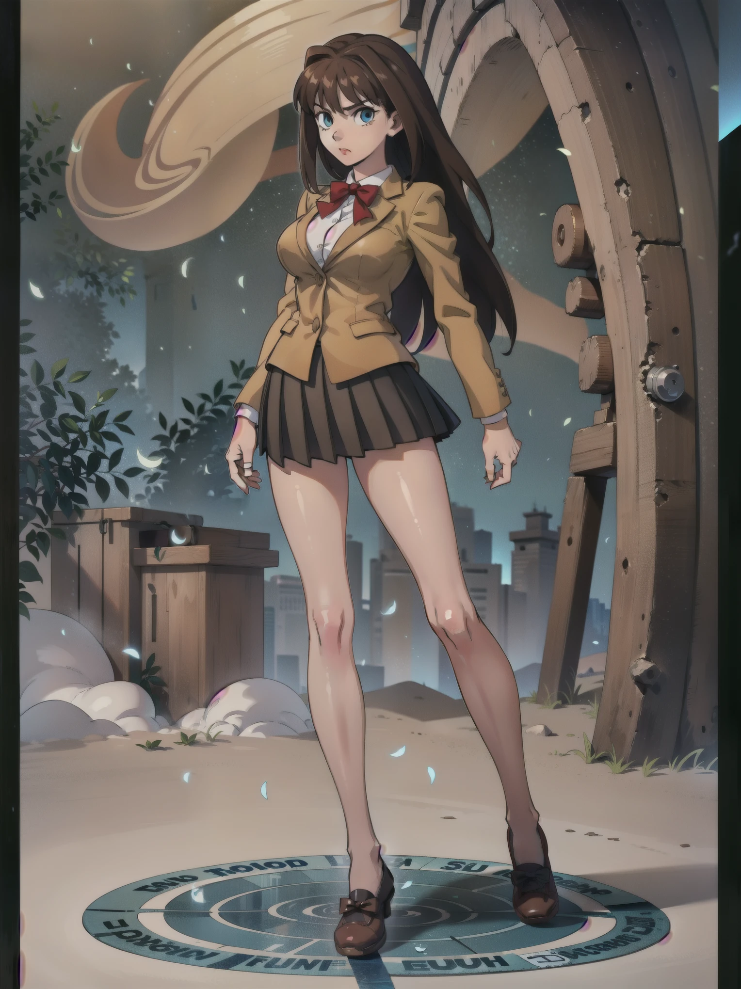 BREAK, centered, BREAK, (EMPTY BACKGROUND), BREAK, (masterpiece), best quality, highest resolution, 8k, illustration, (beautiful detailed eyes:1.5), extremely detailed face, extremely detailed body, CG, perfect hands, perfect anatomy, ((1girl)), ((solo)), (((bbaoko))), ((2 legs max)), ((2 feet max:1.5)), ((swirling vortex shaped longest brown hair:1.5)), (brown longest hair with slightly reddish undertone:1.6), (lush luscious longest brown hair:1.6), (very long voluminous longest brown hair:1.5), serious, blue eyes, red bowtie, (Form-fitting beige blazer:1.5), brown jacket, (highly detailed beautiful face:1.2), (white shirt:1), (well shaped large breasts:1.6), (nice hips:1), perfect legs, ((Umber pleated skirt:1.6)), ((bkshrt:1.5)), (toned visible skin thighs:1.6), ((bkshrt:1.5)), (strap shoes brown color), (facing front:1.5), ((standing straight:1.5)), ((Fullbody in frame:1.5)), ((Full body:1.5)), (takeuchi takashi:1.3)