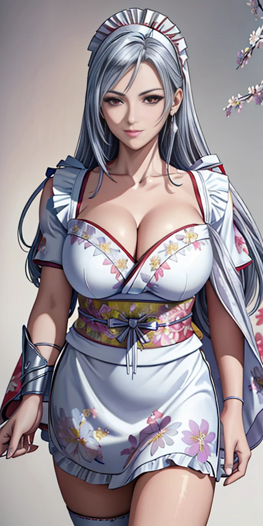 red eyes (highest quality, masterpiece painting:1.3) immature woman, 16 years old (half body shot) masterpiece, ultra high resolution (Photoreal:1.0) ((light purple hair)) straight hair, beautiful shining hair, white and shining skin ((Ultra realistic details)) octane rendering, highly detailed face (big breasts:0.8) (make a heart with hands) (wearing battle armor:1.6) (floral partterned silver kimono:1.6) (maid:1.6) silver maid micro skirt, holding a Large sword, open neckline, cleavage, perfect body, soft skin, white cherry blossom embroidery pattern, silver earrings (pure white background:1.4) sharp focus, intricate details, professional artwork (bright colors:1.1) bright colors, diffused lighting, digital blending, ultra-definition body, ultra detail hair, super detailed face, trending on pixiv, top button open, cute gaze, compensate, perfect lips, perfect compensate, ultra precision coating (light_smile:0.8)