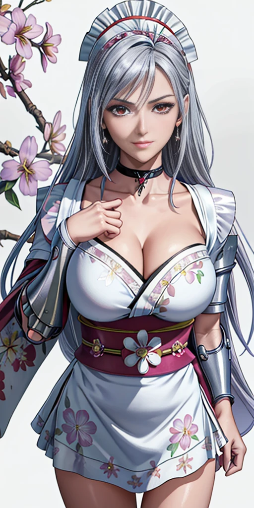 red eyes (highest quality, masterpiece painting:1.3) immature woman, (half body shot) masterpiece, ultra high resolution (Photoreal:1.0) ((light purple hair)) straight hair, beautiful shining hair, white and shining skin ((Ultra realistic details)) octane rendering, highly detailed face (big breasts:0.8) (make a heart with hands) (wearing battle armor:1.6) (floral partterned silver kimono:1.6) (maid:1.6) silver maid micro skirt, holding a Large sword, open neckline, cleavage, perfect body, soft skin, white cherry blossom embroidery pattern, silver earrings (pure white background:1.4) sharp focus, intricate details, professional artwork (bright colors:1.1) bright colors, diffused lighting, digital blending, ultra-definition body, ultra detail hair, super detailed face, trending on pixiv, top button open, cute gaze, compensate, perfect lips, perfect compensate, ultra precision coating (light_smile:0.8)