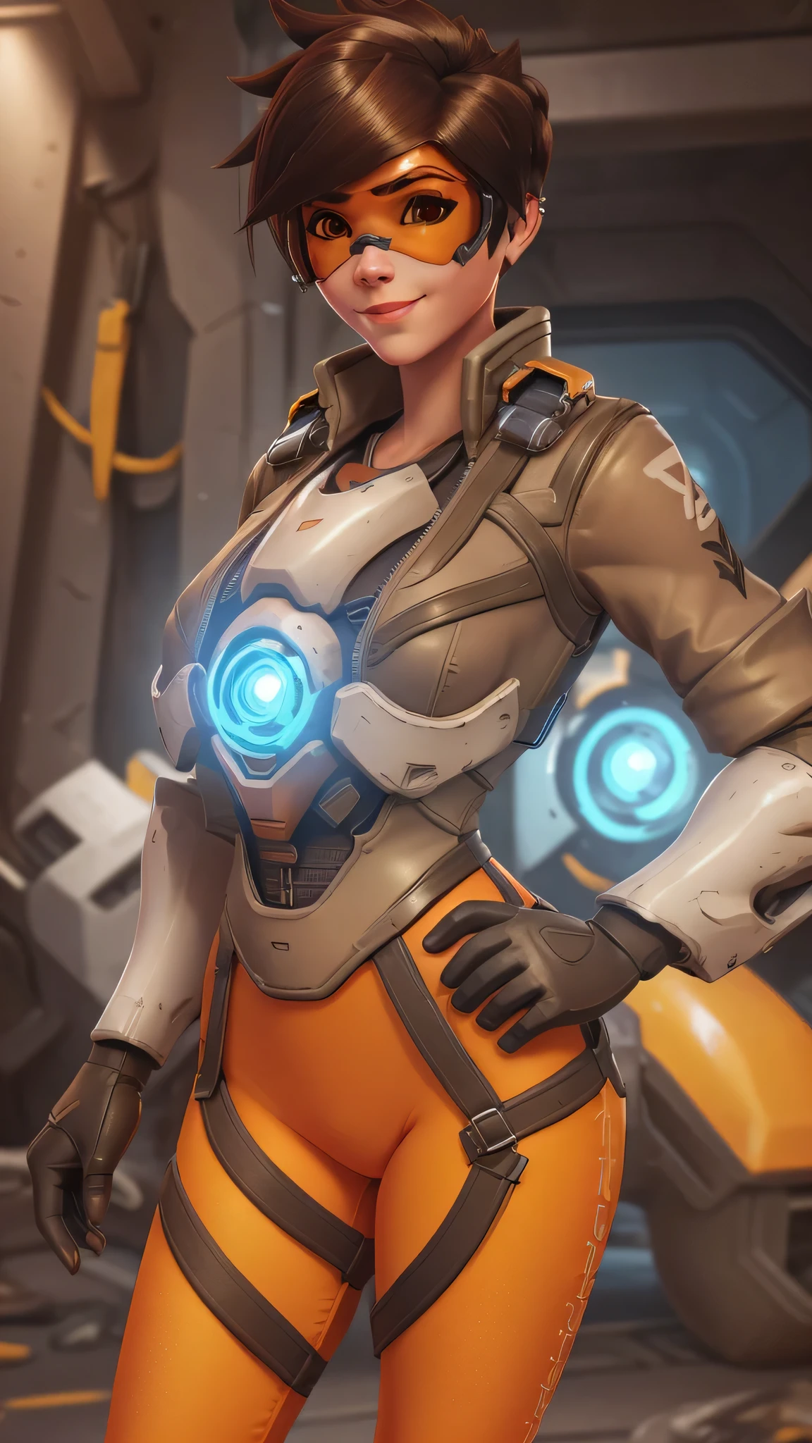 portrait of tracer, close up, gwen tennyson, tracer, overwatch, battle ruins, futuristic city, mecha pilot, bodysuit, brown short sleeve pilot jacket, orange and red sport leggings, short hair, punk makeup, hazel eyes, multicolored brown hair, sexy smile, freckles, beautiful girl, large breasts, 8k,ultra detailed, realistic, fantasy art, cyborg armor, pilot uniform,(weather: windy), (visor, googles), flirting stance, wide hips, thick legs,