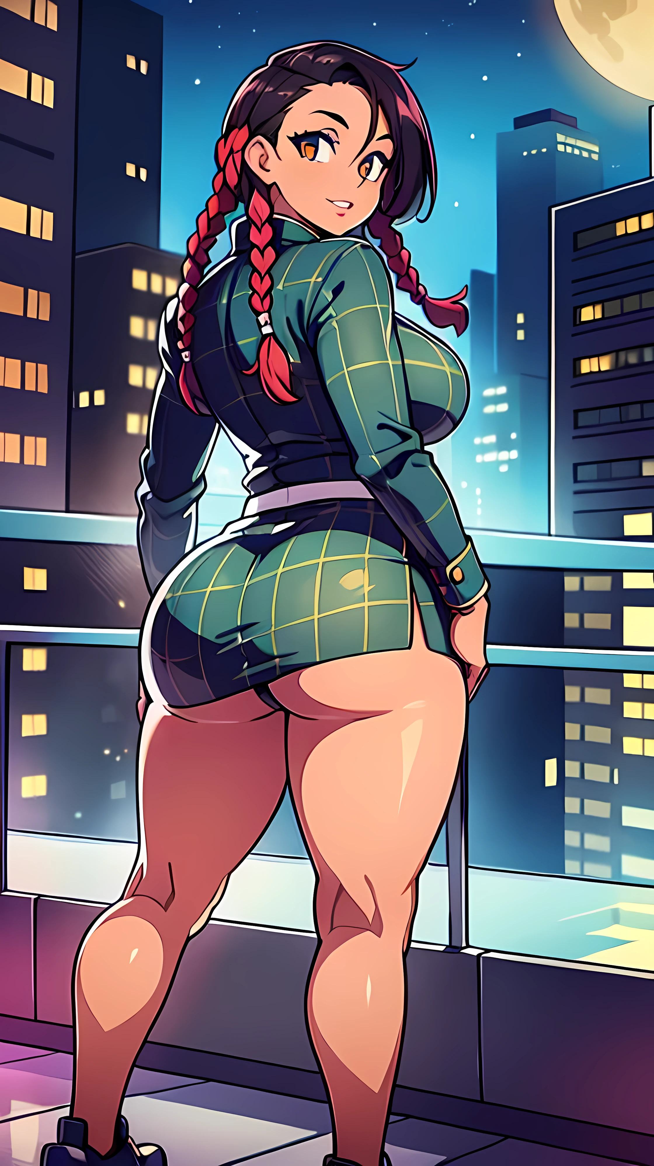 4K Quality, black woman, sexy smile, (black plaid skirt), standing up, ((black and red braids)), (dark skinned), thick thighs, big breasted, big ass, looking at viewer, amber eyes, night time, bedroom eyes, full body, city background, perfect face, perfect body, perfect eyes, full lips,