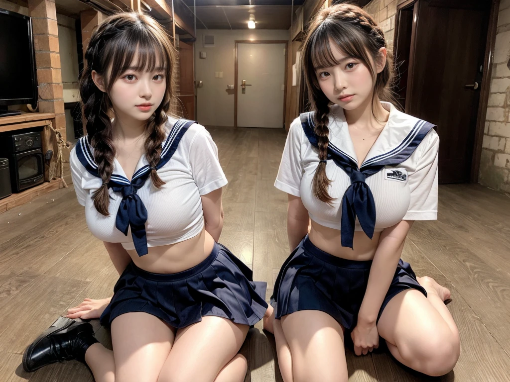 Two cute girls wearing sailor suits are bound with ropes in a basement and made to sit up straight on the floor.、kidnapping、They look at each other with anxious and frightened expressiony slender sister has straight black hair、My sister has brown hair and braids、Both of them had their hands tied behind their backs over their sailor uniforms and were made to sit up straight on the floor.、hotel room、anatomically correct、perfectly drawn fingers、perfectly drawn limbasterpiece、huge breasts, plump breasts