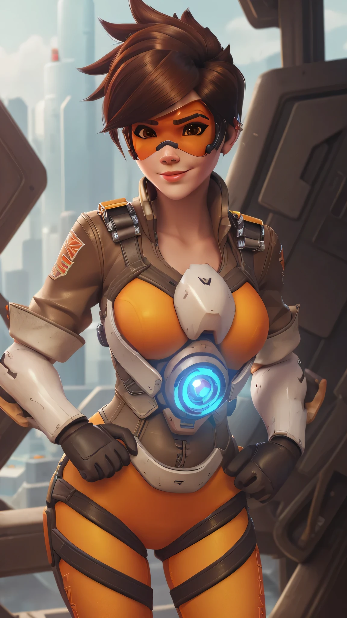 portrait of tracer, close up, gwen tennyson, tracer, overwatch, battle ruins, futuristic city, mecha pilot, bodysuit, brown short sleeve pilot jacket, orange and red sport leggings, short hair, punk makeup, hazel eyes, multicolored brown hair, sexy smile, freckles, beautiful girl, large breasts, 8k,ultra detailed, realistic, fantasy art, cyborg armor, pilot uniform,(weather: windy), (visor, googles), flirting stance, wide hips, thick legs,