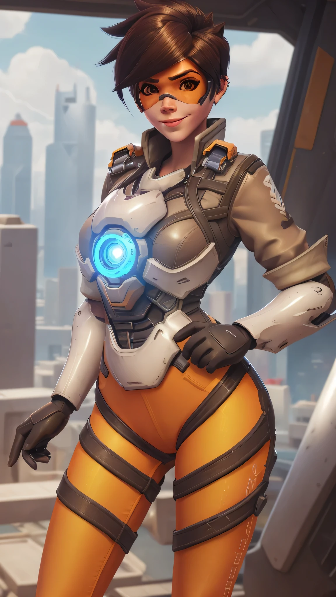 portrait of tracer, close up, gwen tennyson, tracer, overwatch, battle ruins, futuristic city, mecha pilot, bodysuit, brown short sleeve pilot jacket, orange and red sport leggings, short hair, punk makeup, hazel eyes, multicolored brown hair, sexy smile, freckles, beautiful girl, large breasts, 8k,ultra detailed, realistic, fantasy art, cyborg armor, pilot uniform,(weather: windy), (visor, googles), flirting stance, wide hips, thick legs,