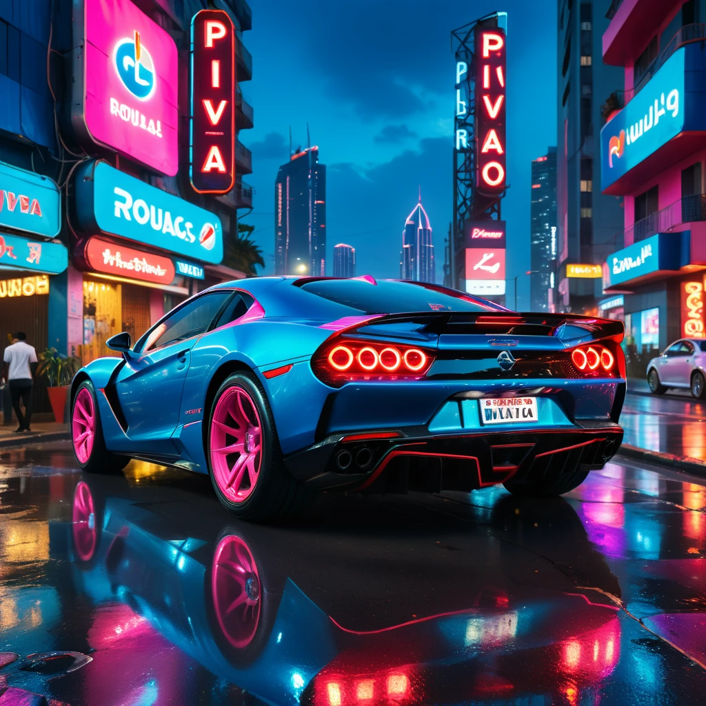 a sleek modern sports car,glossy blue paint job,large rear spoiler,vibrant red rims,neon-lit urban setting at night,colorful signs,high-rise buildings,wet street,reflections,neon signs displaying (('PIVA','Ronaldo','Bira','Douglas',))futuristic atmosphere,bright pink and blue neon lights,more derail,enhnaced themed_poster