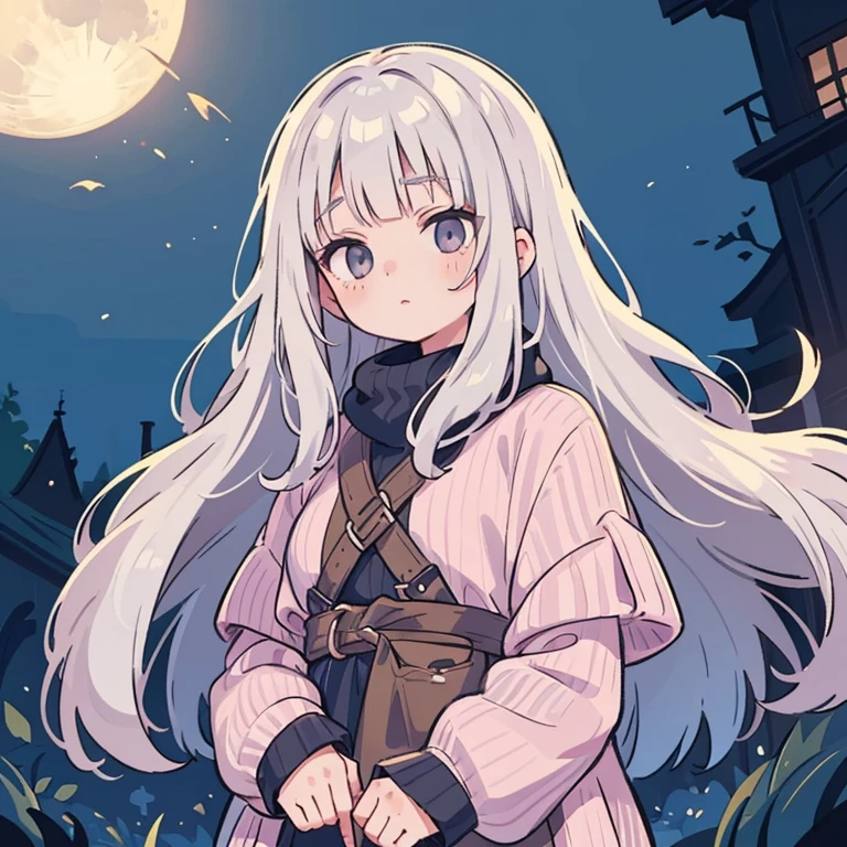 masterpiece, Awesome girl, Night moon Full moon, 1 female, Mature Woman, younger sister, Royal younger sister, Cold Face, Expressionless, A woman with long silvery white hair, Pale pink lips, Calm, intellectual, Three-striped grey eyes, Assassin&#39;s Short Knife, Flower ball background, Hand Detail, Finger details, Facial details, Eye details,