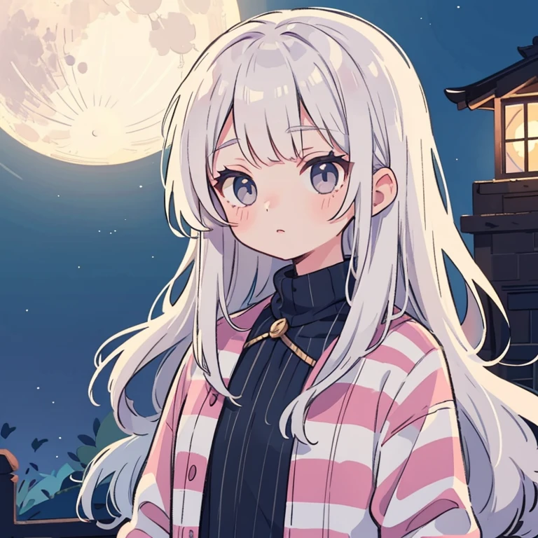 masterpiece, Awesome girl, Night moon Full moon, 1 female, Mature Woman, younger sister, Royal younger sister, Cold Face, Expressionless, A woman with long silvery white hair, Pale pink lips, Calm, intellectual, Three-striped grey eyes, Assassin&#39;s Short Knife, Flower ball background, Hand Detail, Finger details, Facial details, Eye details,