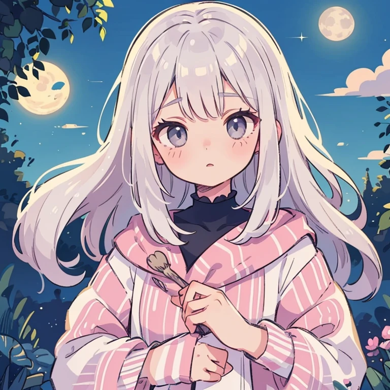 masterpiece, Awesome girl, Night moon Full moon, 1 female, Mature Woman, younger sister, Royal younger sister, Cold Face, Expressionless, A woman with long silvery white hair, Pale pink lips, Calm, intellectual, Three-striped grey eyes, Assassin&#39;s Short Knife, Flower ball background, Hand Detail, Finger details, Facial details, Eye details,