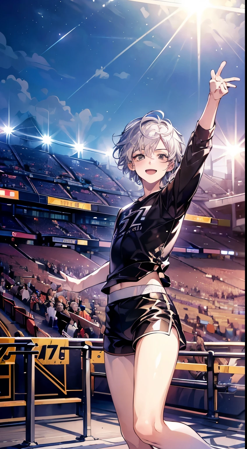((highest quality, 8k, Photorealistic:1.4, masterpiece)), Backlight, Highly detailed facial texture boy, 17 years old,  ((Stadium Background: 1.2)), Raise your arms, Ultra-detailed skin, Flat chest, Fine grain, smile, Open your mouth, ((Silver Hair、Short Medium Hair,Bouncy hair)) , ((boy)),Shorts,Slanted Eyes,Beautiful fingers