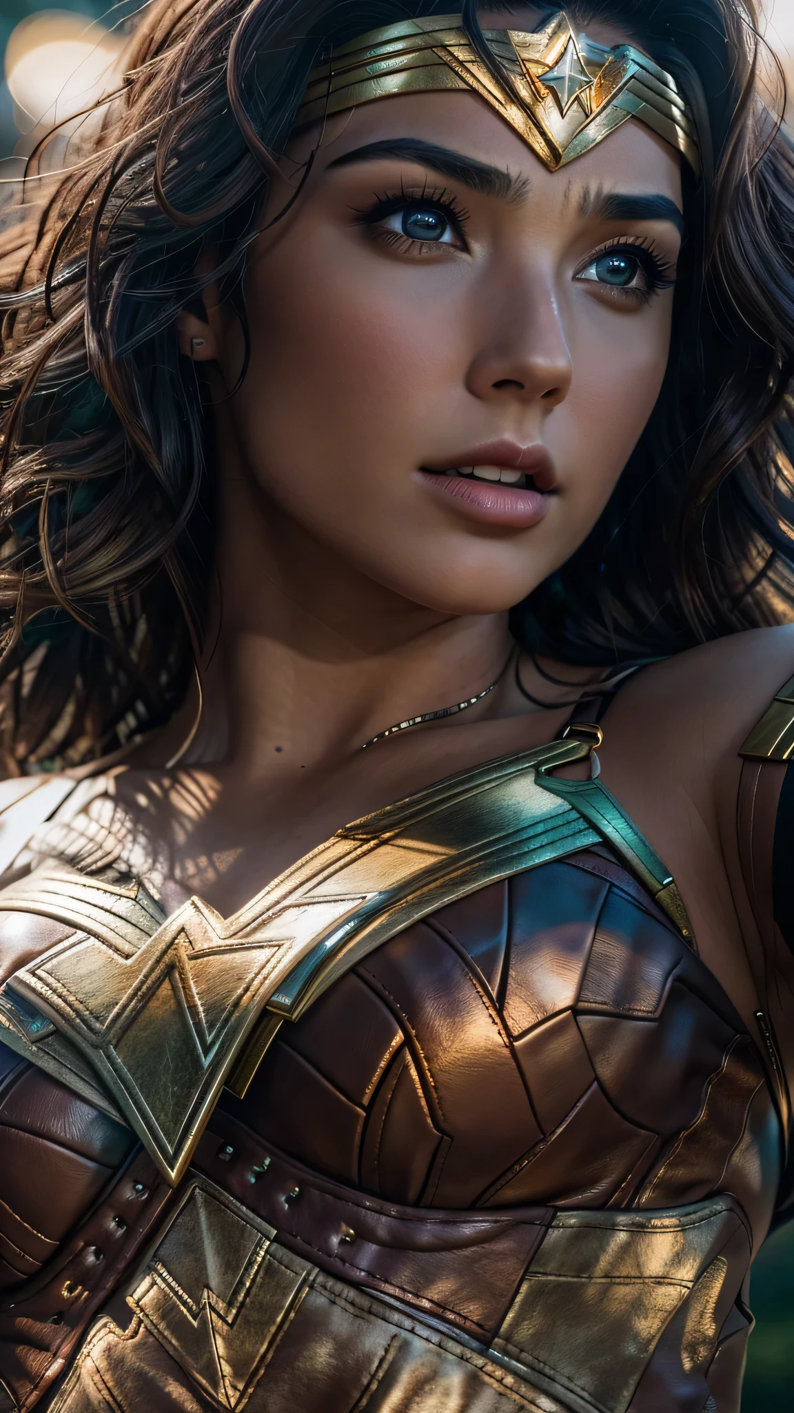 photorealistic Realism 8K, 16K, Quality: (Hyper absurd quality, extremely detailed detail, hyper resolution, clear sharp focus, not blurry, Realistic brown_eyes), ((perfect dark_eyeshadows:1.45)), (super Detailed, beautiful little nose:1.2), (perfect composition), (Wonder Woman Cosplay), incredibly similar to the original outfit from the WW movie, dynamic stance, face focused on the target in the distance, ready to fight, (Neon Wonder Woman Lasso Of Truth Cosplay Prop), (upper body shot), (close up of her face), beautiful cheekbones, double eyelids, dslr, best high quality soft lighting, sharp focus captured by Fujifilm XT3, f 5.6, in a dramatic lighting, ((perfect composition)), ((pale skin)), ((dry skin)),