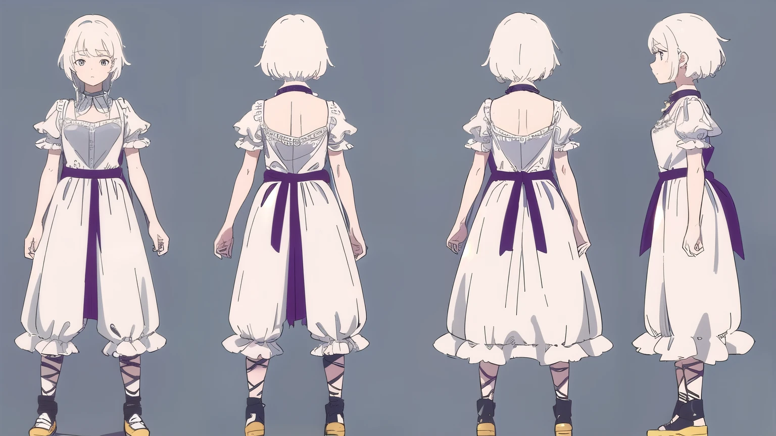 (best quality, masterpiece), 1girl, 15 yo, cute, standing girl, three view drawing, front and back and side, character sheet, full body, simple background,