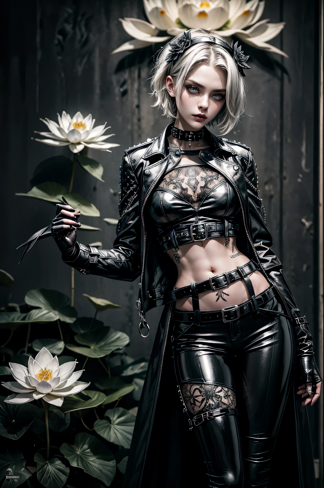 (Detailed illustrations, Very detailed and detailed drawing, Delicate lines with slow and rapid, Realistic texture expression), One woman with very short white hair with black tips, ( emo hairstyle, ), goth, pale white skin, evil smirk, (girls bedroom background), dark lighting, cold atmosphere, lore_Emma , pink eyes , dark eyeliner, (ultra dark glossy black lipstick), gorgeous face , super cute, 18 years old , hyper detailed face, (super skinny figure , medium breast, thin waist), slim legs, slim hips, LowriseXL, (ultra low rise wet look shiny latex pants with transparent flower pattern), (mesh shirt with flower pattern), black choker, vulva tattoo, black hairband, (white lotus flower in hair), ((flower pattern tattoo)), fingerless latex gloves, ((long latex trench coat)), (short sleeves), (black nail polish), faded tattoo's, ((thigh belt)), ((hip chains)), ((belt hanging on hip)), ((many studded belts)), ((belly button piercing)), ((navel piercing))