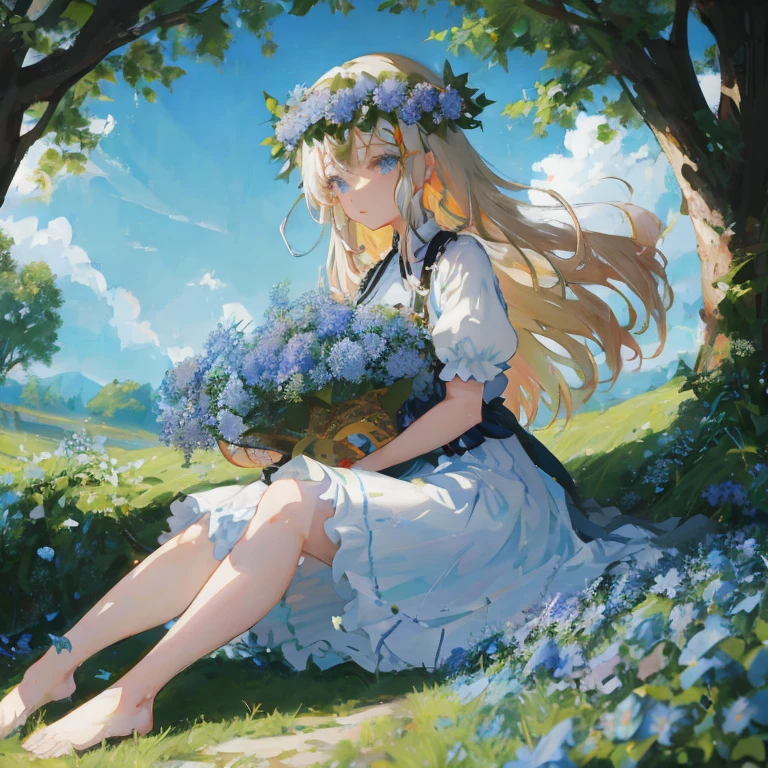 Anime girl with flowers in hair sitting on the ground,  in dress, Beautiful maiden, Crown of blue flowers, beautiful anime art, guweiz on pixiv artstation, Anime visuals of cute girls, Beautiful anime girl, Beautiful Anime Portrait, deity of hydrangeas, beautiful anime artwork, guweiz on artstation pixiv, Beautiful anime