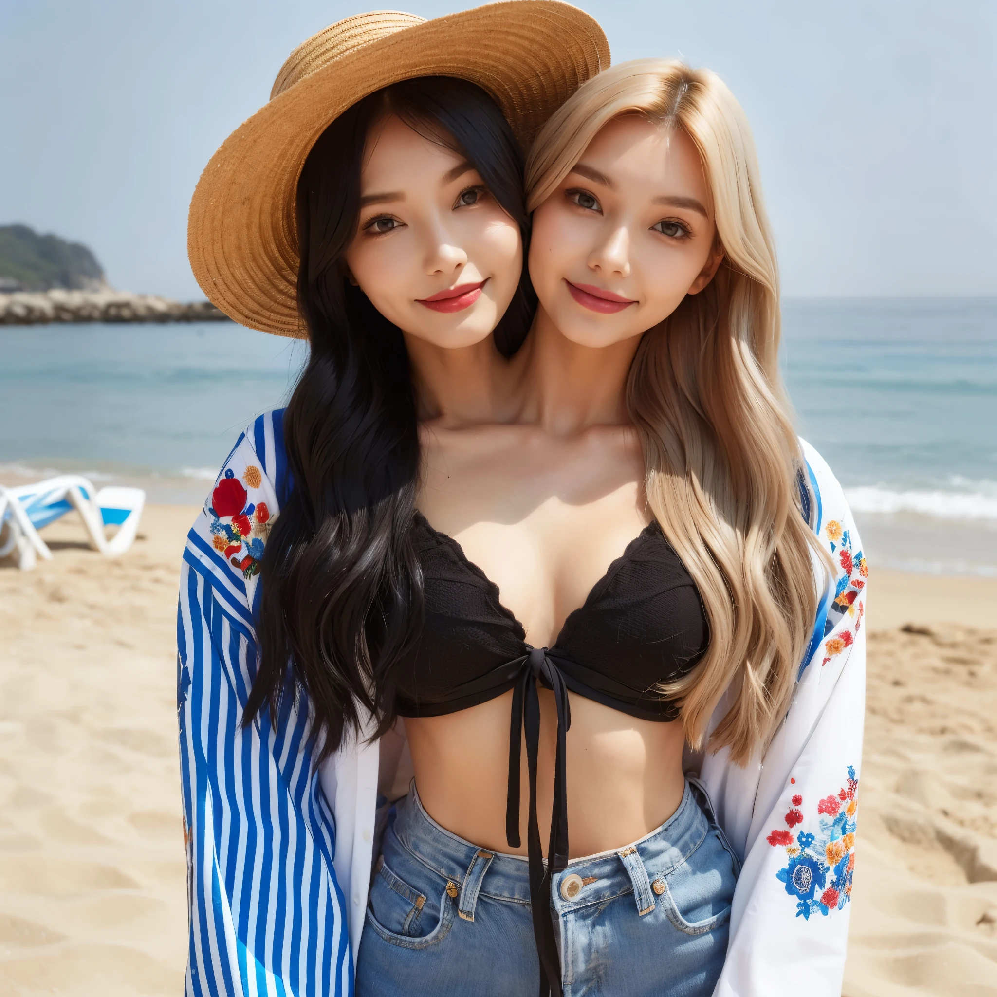 2heads, best resolution, korean woman with two heads, smiling, red lipstick, black hair, blonde hair, different faces, black bikini, summer hat , denims, beach background