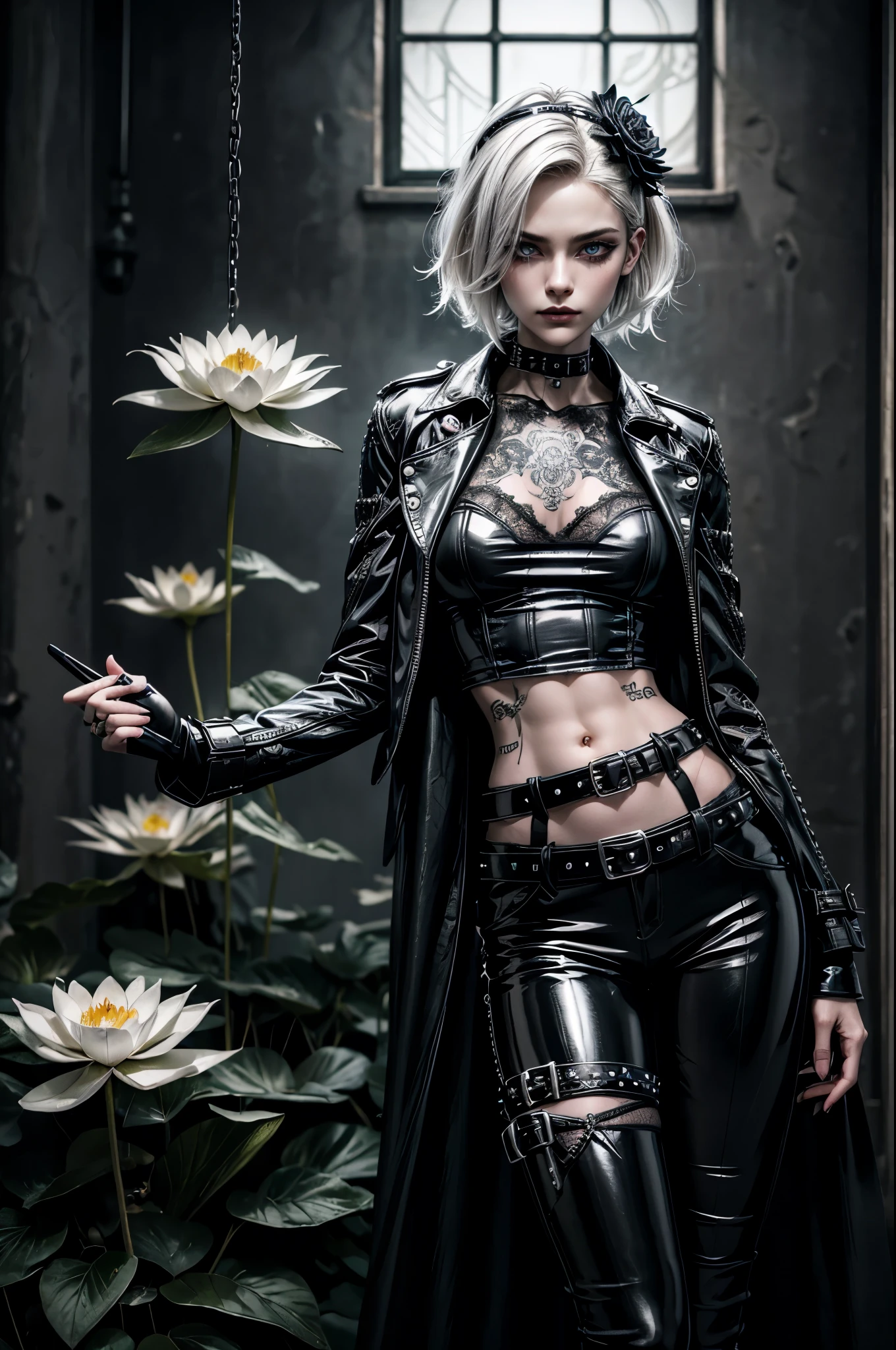 (Detailed illustrations, Very detailed and detailed drawing, Delicate lines with slow and rapid, Realistic texture expression), One woman with very short white hair with black tips, ( emo hairstyle, ), goth, pale white skin, evil smirk, (girls bedroom background), dark lighting, cold atmosphere, lore_Emma , pink eyes , dark eyeliner, (ultra dark glossy black lipstick), gorgeous face , super cute, 18 years old , hyper detailed face, (super skinny figure , medium breast, thin waist), slim legs, slim hips, LowriseXL, (ultra low rise wet look shiny latex pants with transparent flower pattern), (mesh shirt with flower pattern), black choker, vulva tattoo, black hairband, (white lotus flower in hair), ((flower pattern tattoo)), fingerless latex gloves, ((long latex trench coat)), (short sleeves), (black nail polish), faded tattoo's, ((thigh belt)), ((hip chains)), ((belt hanging on hip)), ((many studded belts)), ((belly button piercing)), ((navel piercing))