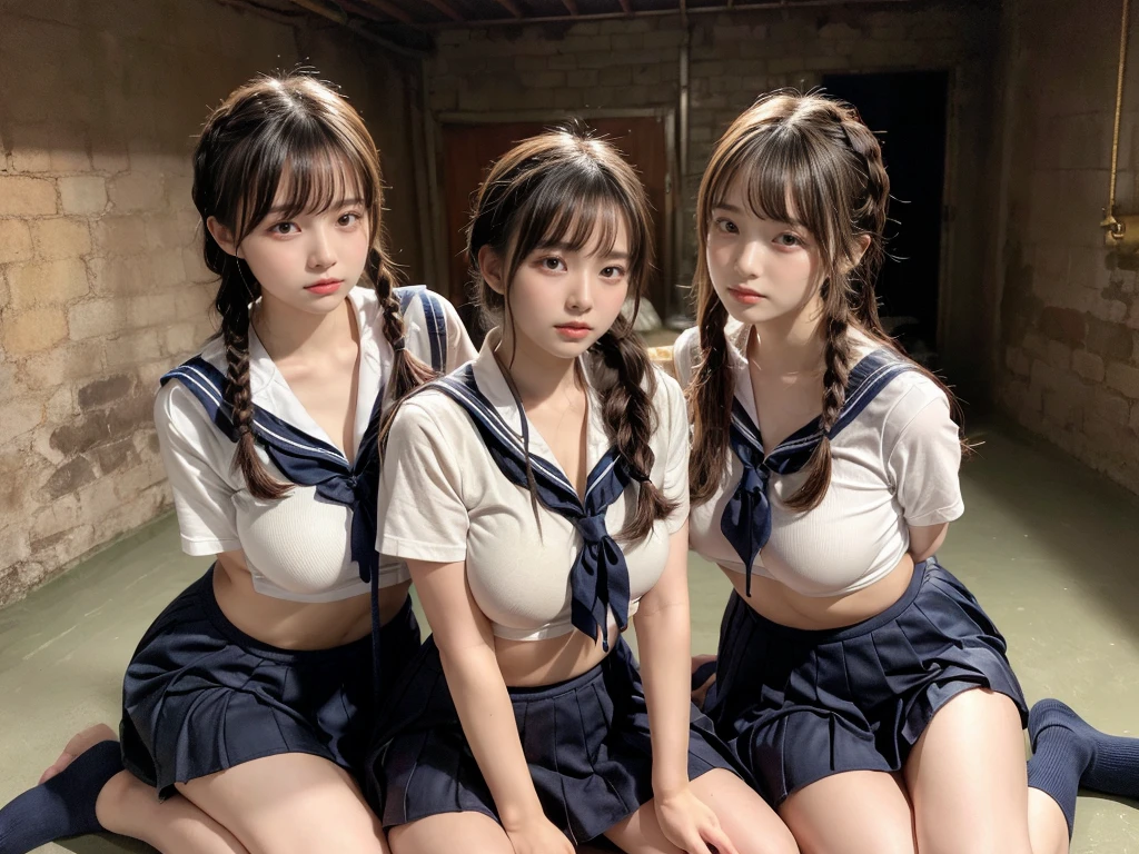 Two cute girls wearing sailor suits are bound with ropes in a basement and made to sit up straight on the floor.、kidnapping、They look at each other with anxious and frightened expressiony slender sister has straight black hair、My sister has brown hair and braids、Both of them had their hands tied behind their backs over their sailor uniforms and were made to sit up straight on the floor.、hotel room、anatomically correct、perfectly drawn fingers、perfectly drawn limbasterpiece、huge breasts, plump breasts