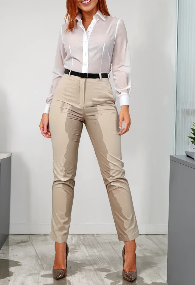 attractive redhead woman wearing tan straight leg dress pants, high heel pumps, white blouse, standing in an office,  wetting, big smile, pee stains are gleaming wet, pants really soaked with pee