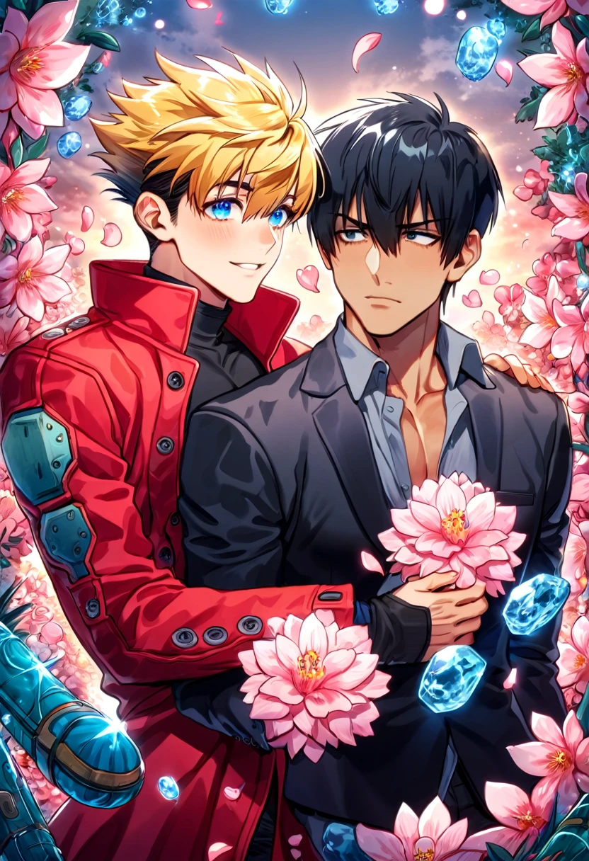 absurdres, highres, ultra detailed, HDR, master piece, best quality, Nicholas D Wolfwood, blacl hair, expressive dark blue eyes, Trigun, Vash Stampede, blonde hair, expressive blue eyes, two sexy men together, gay couple, yaoi, handsome, toned chest, black jacket, gray shirt, red coat, black shirt, magical, fantasy, shining, water, pink flowers, pink blossoms, pink butterflies, pink petals