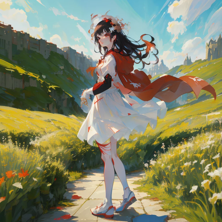 Anime girl in white dress and red cape walks down the street, guweiz, guweiz on pixiv artstation, guweiz on artstation pixiv, artwork in the style of guweiz, cushart krenz key art feminine, guweiz masterpiece, Official art, beautiful fantasy anime, Anime art wallpaper 8k
