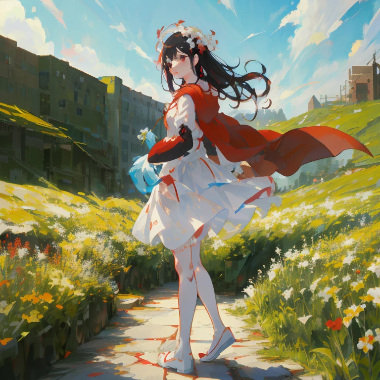 Anime girl in white dress and red cape walks down the street, guweiz, guweiz on pixiv artstation, guweiz on artstation pixiv, artwork in the style of guweiz, cushart krenz key art feminine, guweiz masterpiece, Official art, beautiful fantasy anime, Anime art wallpaper 8k