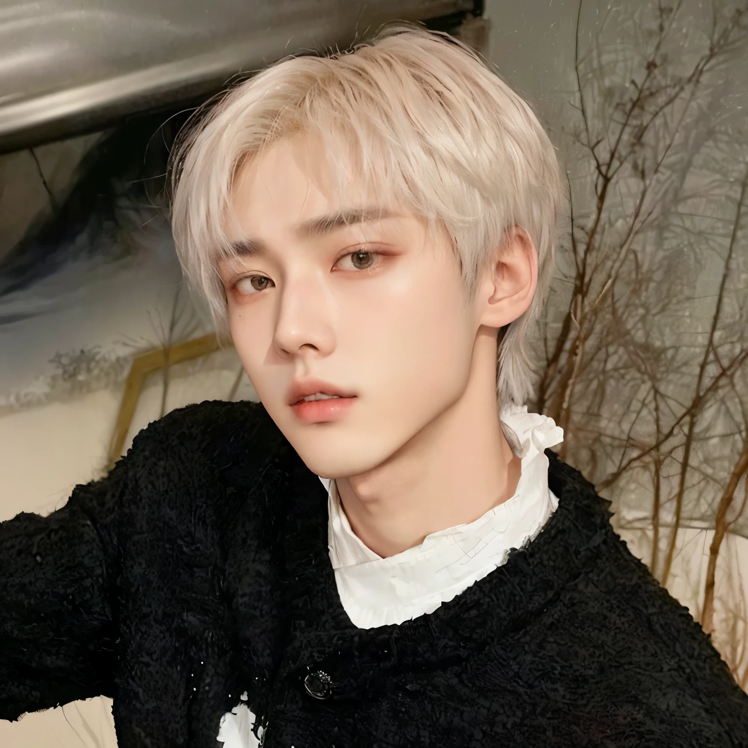 arafed photo of a young man with a black sweater and white shirt, cai xukun, portrait of jossi of blackpink, kim doyoung, delicate androgynous prince, male ulzzang, with short hair, hyung tae, yanjun chengt, inspired by Bian Shoumin, jung jaehyun, wan adorable korean face, beautiful androgynous prince