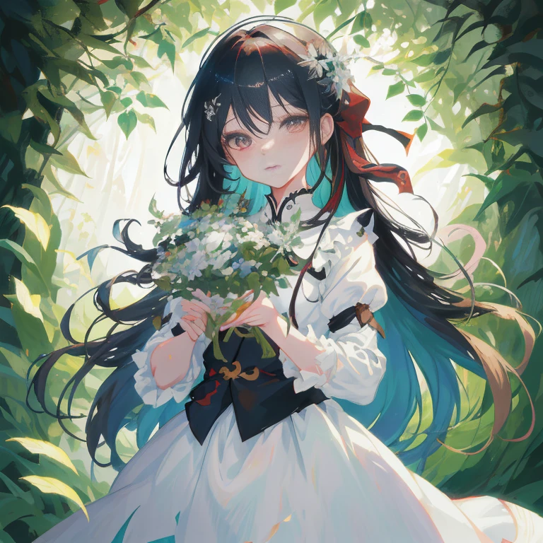 Long hair anime girl with flowers in her hands, guweiz on pixiv artstation, guweiz on artstation pixiv, guweiz, a maid in a magical forest, artwork in the style of guweiz, Anime visuals of cute girls, kawacy, anime moe art style, Cute anime waifu in a nice dress, Official art