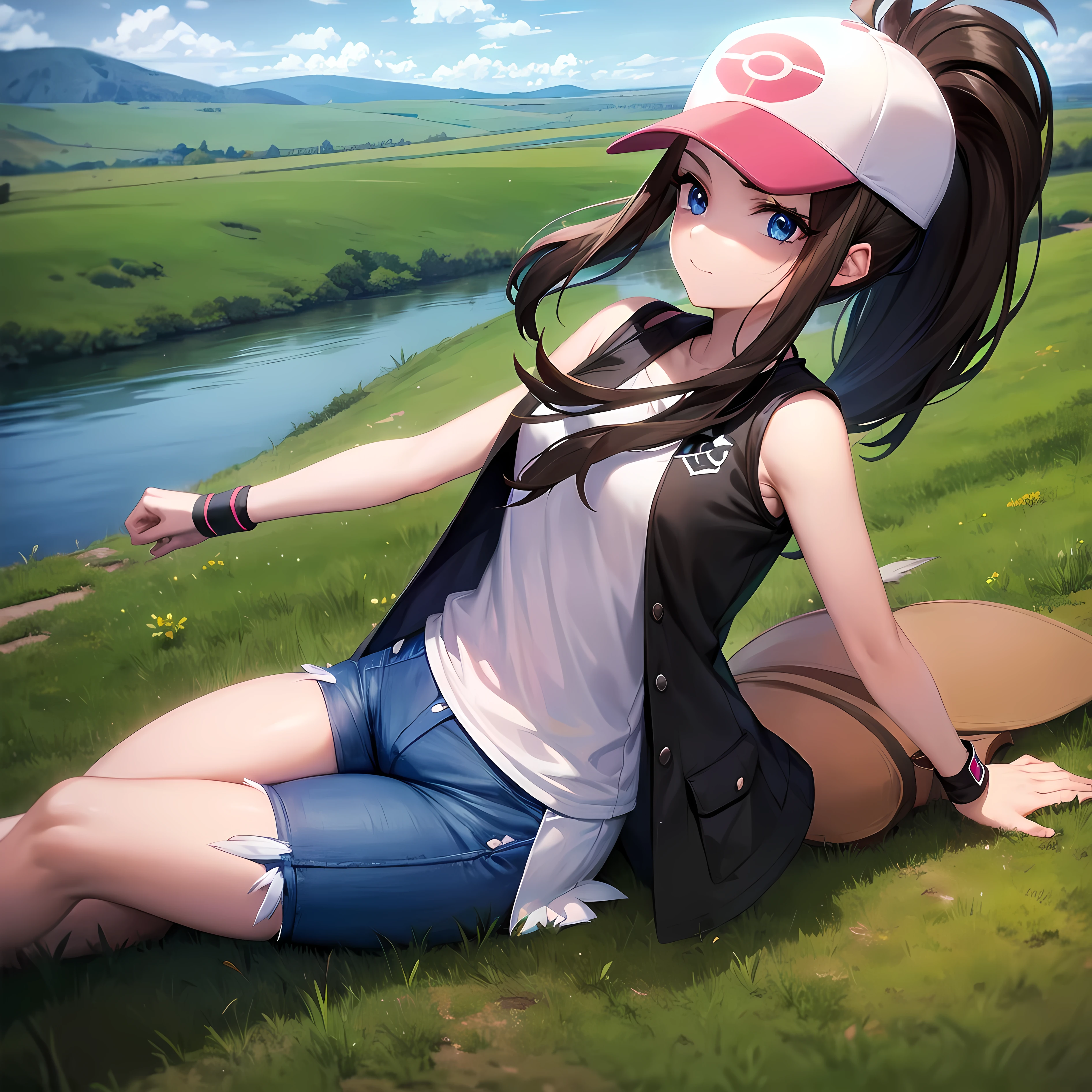 masterpiece, best quality, detailed, pov, 1girl, pokemonhilda, blue eyes, brown hair, long hair, ponytail, baseball cap, blue shorts, hat, shorts, vest, wristband, sleeveless, black vest, white shirt, shirt, smug, standing, grassy field, lake background, countryside distant background,