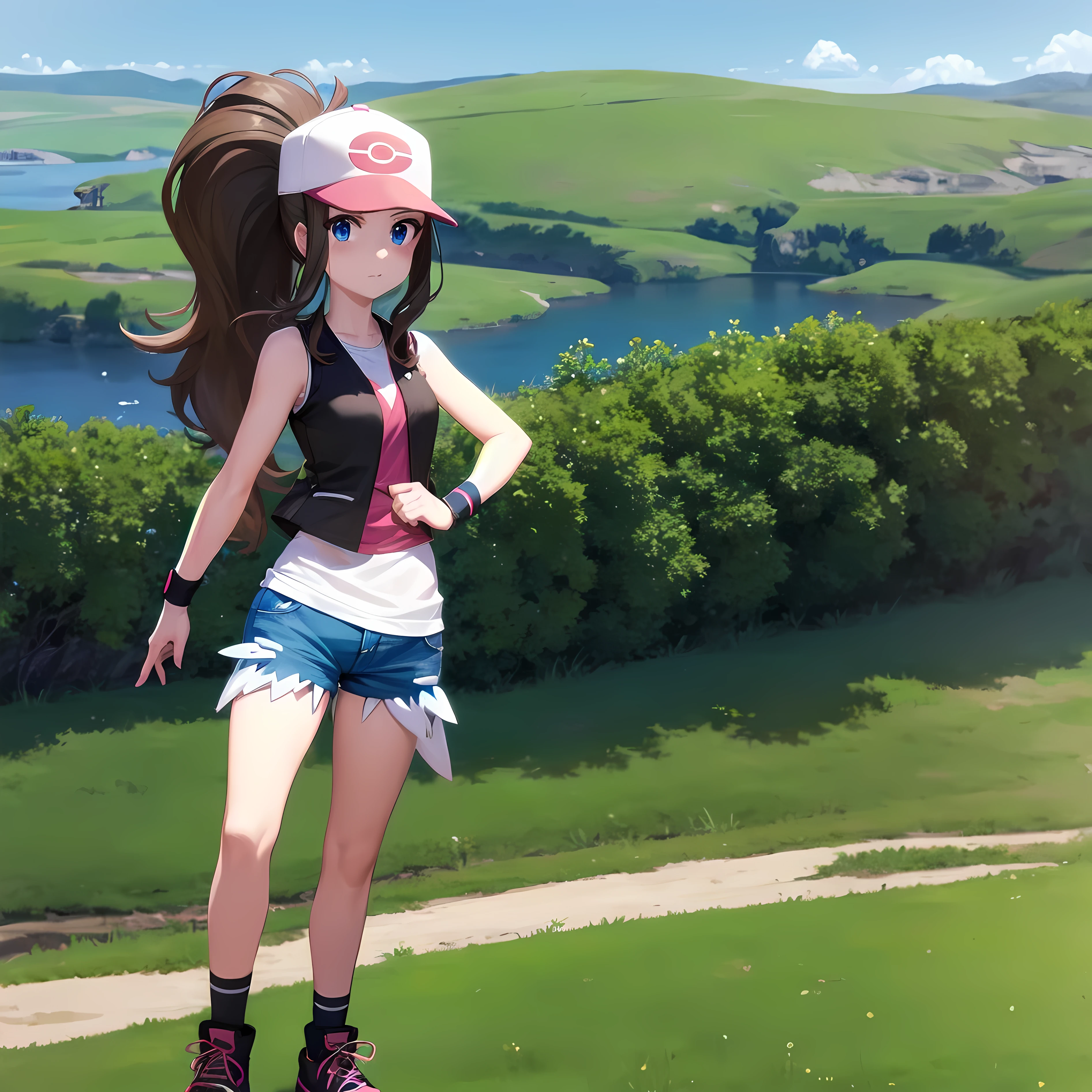 masterpiece, best quality, detailed, pov, 1girl, pokemonhilda, blue eyes, brown hair, long hair, ponytail, baseball cap, blue shorts, hat, shorts, vest, wristband, sleeveless, black vest, white shirt, shirt, smug, standing, grassy field, lake background, countryside distant background,