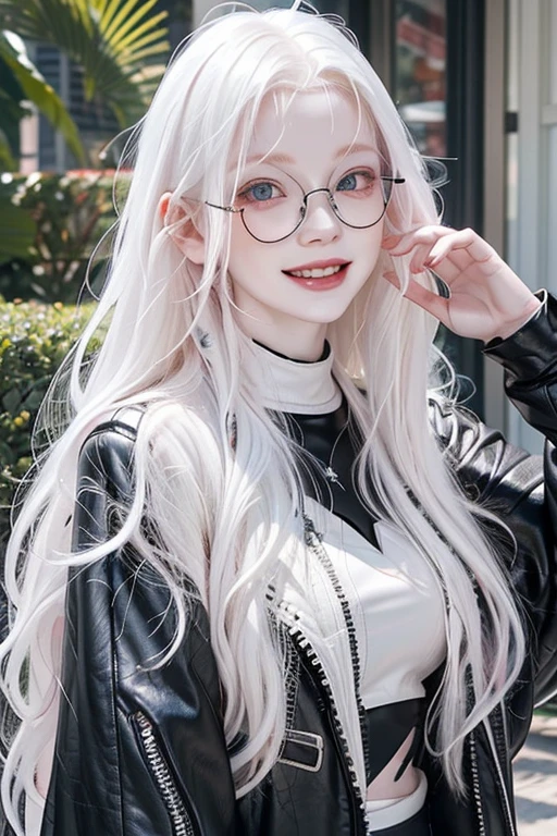 (black clothing), Cute 18 yo (albino:1.4)woman of Slavic descent.(short:1.1), , long white hair, gray eyes, ((very pale:1.4)). Innocent look. Gentle spirit.(virgin), (joy:1.2),(smile:1.3). (Playful:1.2). Mascara, eyeglasses, red lipstick, Leather jacket, sheer lace top, Tight leather pants, pink Chuck Taylor All Stars.