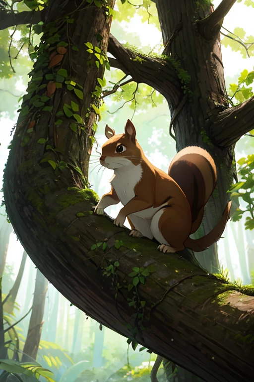 male squirrel climbing a tree. The squirrel should be in a natural climbing position., with its front paws gripping the trunk and its hind paws resting on the tree. Must have brown fur, una cola esponjosa, light eyes and small, pointed ears. The tree must be an oak with a rough trunk and visible bark details. El entorno debe ser un bosque con hojas verdes y ramas alrededor, iluminado por luz natural suave. con estilo de caricatura
