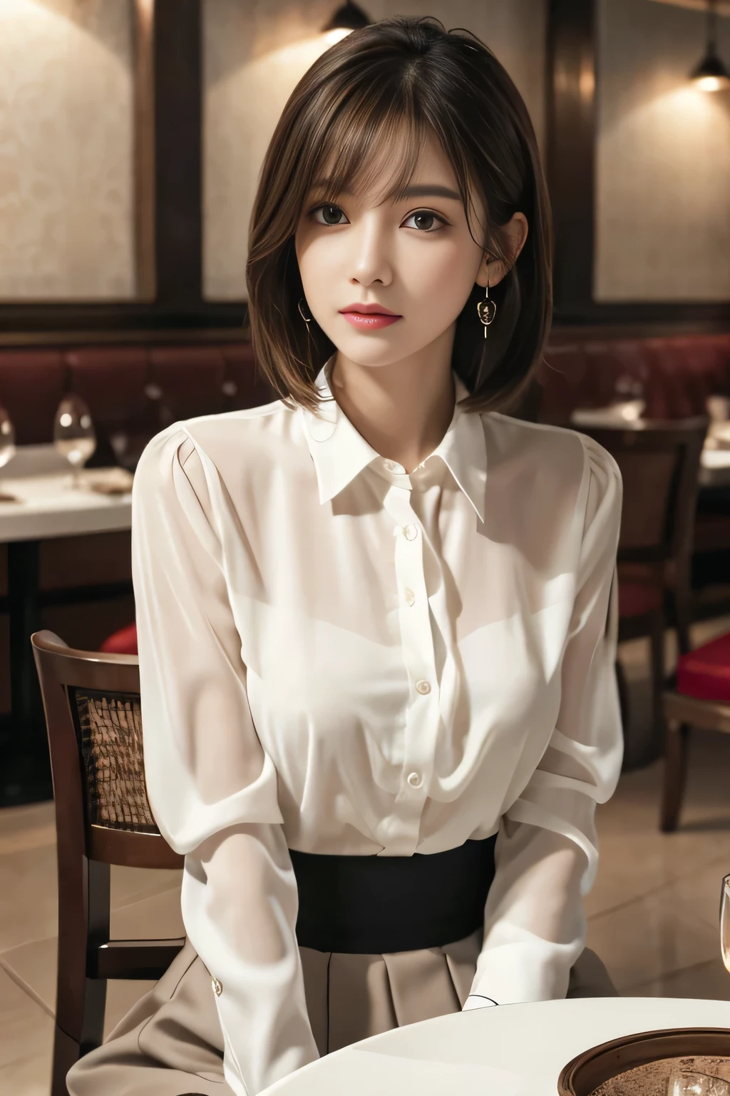masterpiece, highest quality, Realistic, Very detailed, Finer details, High resolution, 8k wallpaper, One beautiful woman, Wear an elegant white see-through blouse, In a great restaurant, At night, Light brown shaggy haircut, Perfect dynamic composition, Beautiful and beautiful eyes、Big earrings、Sitting in a chair、

