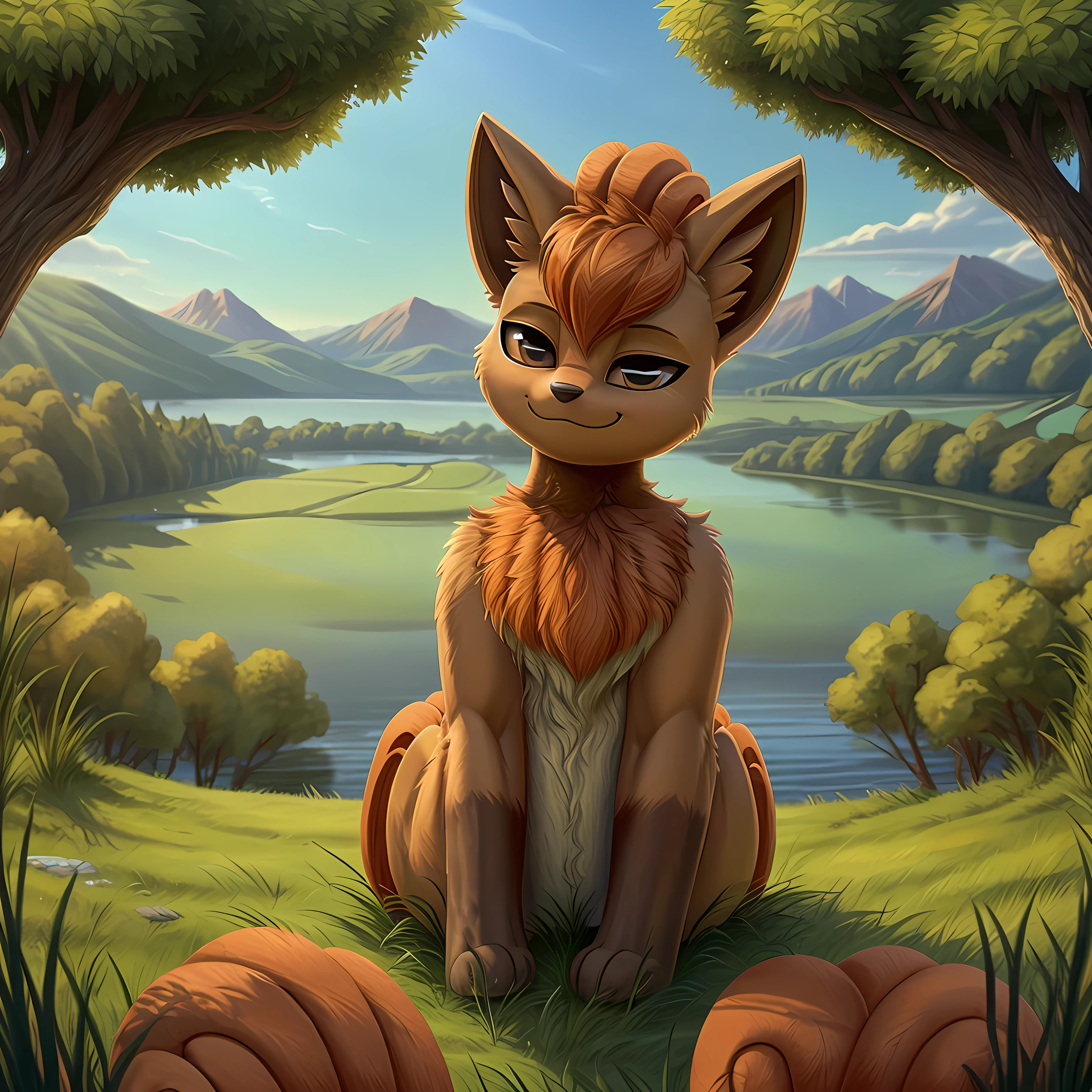 masterpiece, best quality, detailed, pov, 1girl, vulpix, smug, sitting, grassy field, lake background, countryside distant background,