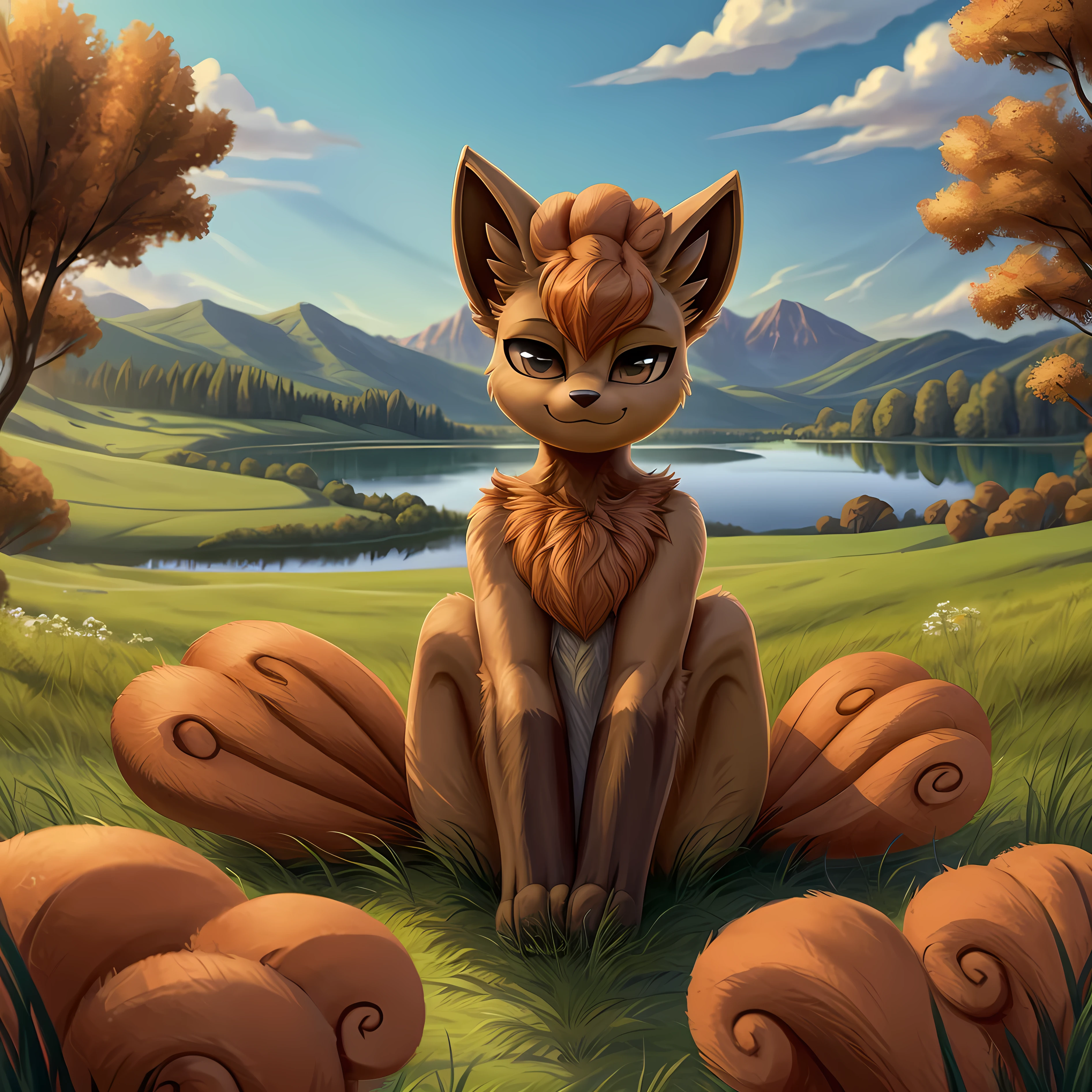 masterpiece, best quality, detailed, pov, 1girl, vulpix, smug, sitting, grassy field, lake background, countryside distant background,