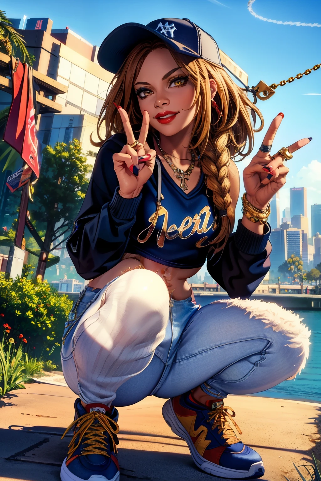 beautiful, (masterpiece:1.2), (best quality:1.2), Freya, looking at viewer, Jordan sneakers, skinny jeans, croptop, Supreme hoodie, New york yankees baseball cap, Golden chain necklace, red lipstick, Black eyeliner, Posing for a picture, California background, Smirking confidently, peace sign,