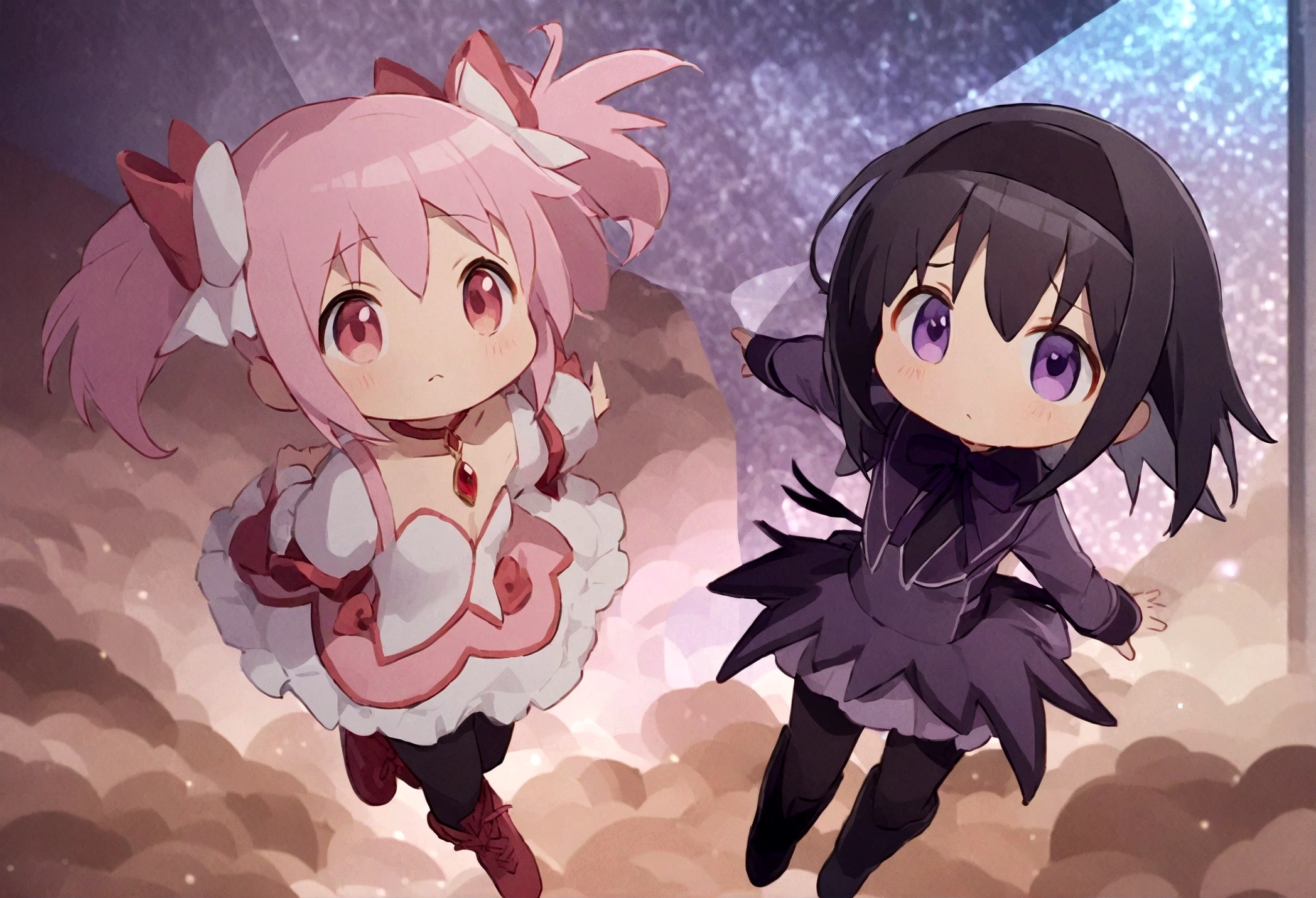 (2female:1.6),akemi_homura\(chibi:0.5),dark purple long hair,white long shirt,purple sailor collar,black headband,black pantyhose,purple ribbon tie,purple jewel at back of hand,purple ribbon at chest,purple short skirt with frill,black long boots with purple rhombus line pattern\) and kaname_madoka\((magical_girl costume:1.4),(chibi:0.5),pink short twin tails,bows,open cleavage dress with frill,backward ribbon at neck,white grove,red jewel at middle of clavicle,white frilled high socks,red shoes\) reaching their hands, BREAK ,colorful and geometric and chaotic background of messy chaotic gothic shadow puppet castles,(in a very psychedelic nightmare),big clock motif at the center of background, BREAK ,quality\(8k,wallpaper of extremely detailed CG unit, ​masterpiece,hight resolution,top-quality,top-quality real texture skin,hyper realisitic,increase the resolution,RAW photos,best qualtiy,highly detailed,the wallpaper,cinematic lighting,ray trace,golden ratio\)(long shot),wide shot,landscape,blured background,(art by Maurits Escher:1.3)