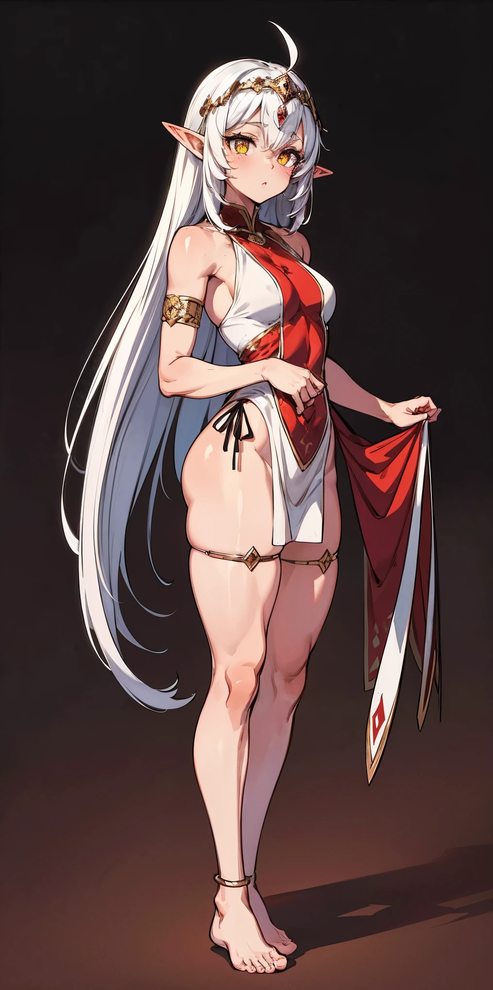 (Masterpiece, plain background:1.2) Female full body, standing straight symmetrical feet together, blood dark elf, dark skin, long messy white hair, 2longs elf ars, circlet, yellow eyes, 1990s (style), female 1sologirl