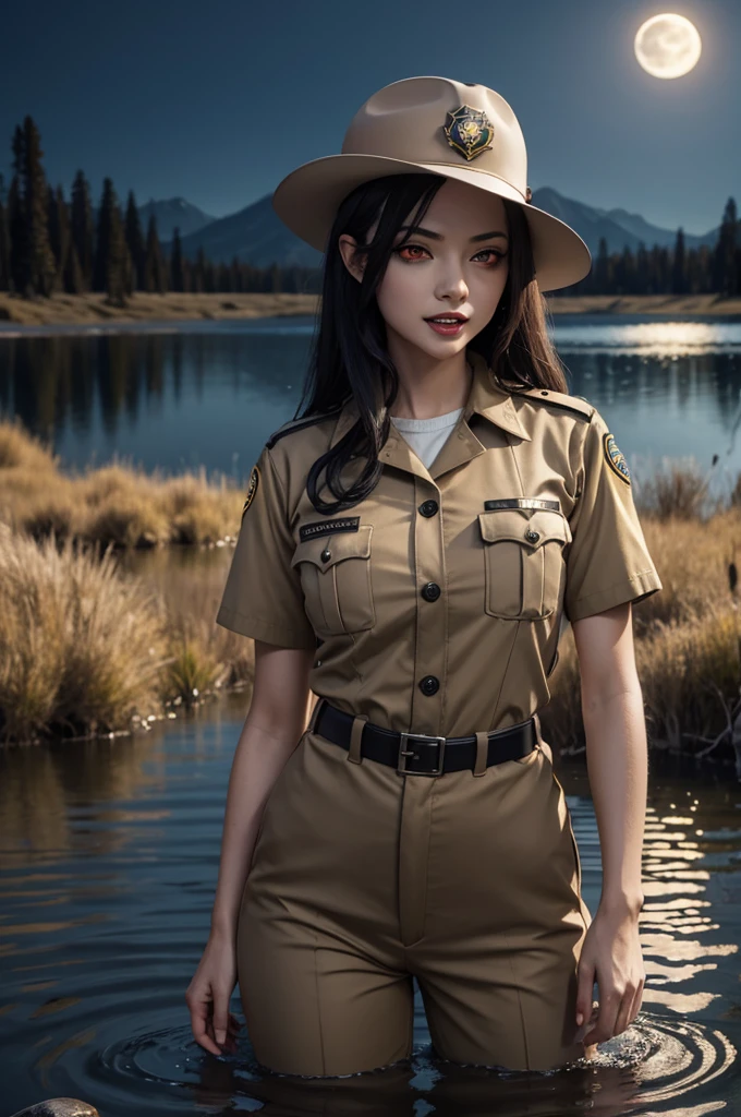 (((night, moonlight))) ((a deserted lake)) Vampire woman, (((red eyes and fangs))), pale skin, (((park ranger uniform, beige National Park uniform, short sleeves)))), sexy, (open mouth, blood on mouth), (evil grin), looking at viewer, ((full figure)), (standing in lake), sopping wet, style of a painted book illustration, dramatic lighting, ((depth of field)), ((masterpiece)), ((best quality)), ((highly detailed)), horror theme