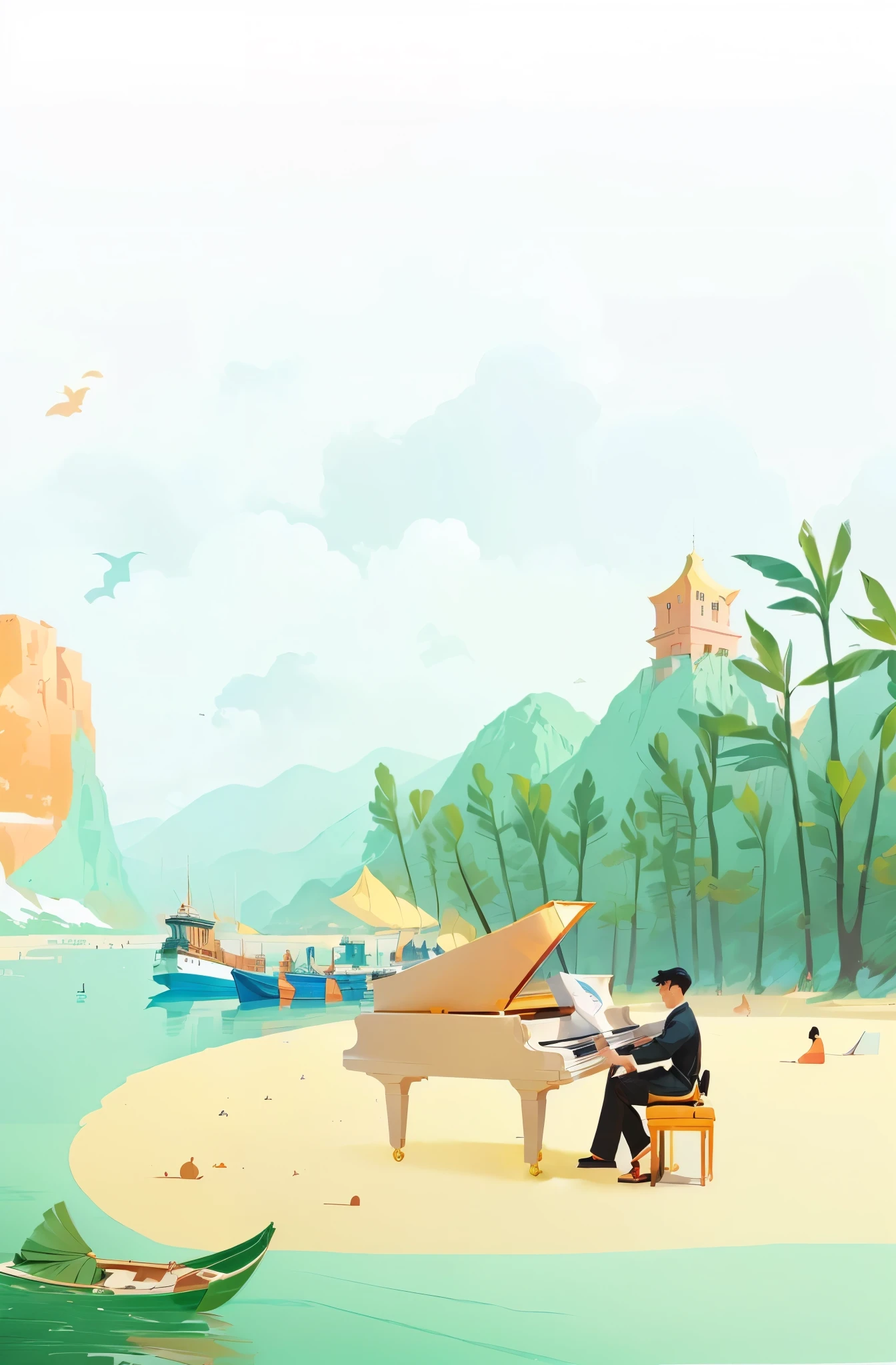There is a man playing the piano on the beach,Someone is climbing the dragon boat behind, animated illustration style, Flat illustration, A beautiful artistic illustration, With Artest Guerin (atey ghailan) style, style化数字插画, 4k hd wallpaper illustration, Tranquility illustration, detailed 2D Illustration, Background artwork, 2D Illustration, 2D Illustration, Relaxation concept art, game illustration, 4k hd illustration wallpaper