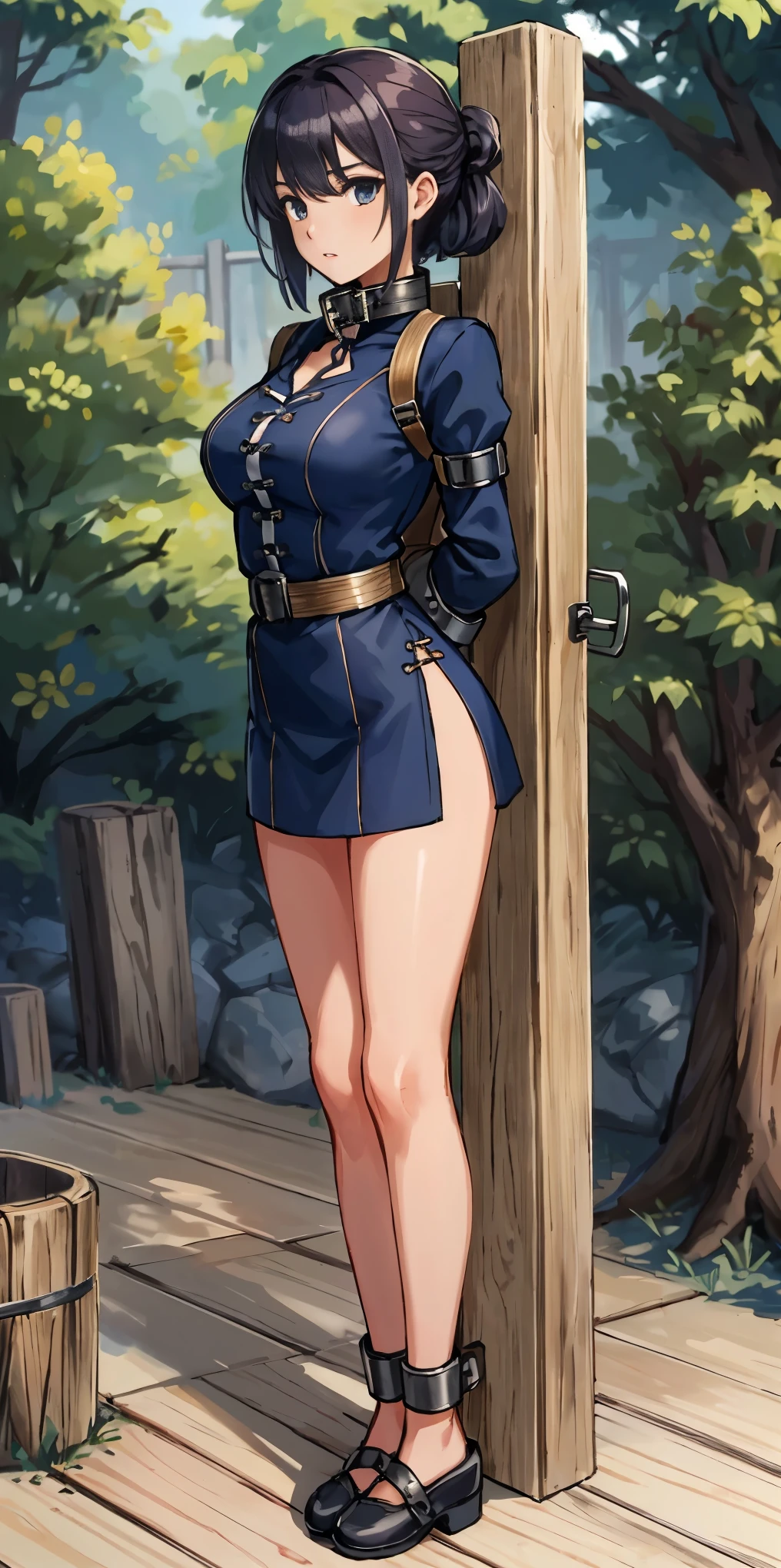 (Masterpiece, best quality, intricate details, 1sologirl) iron collar, arms behind back, iron cuffs, shackles, bound ((standing by wooden pole:1.2)) ((phSaber))