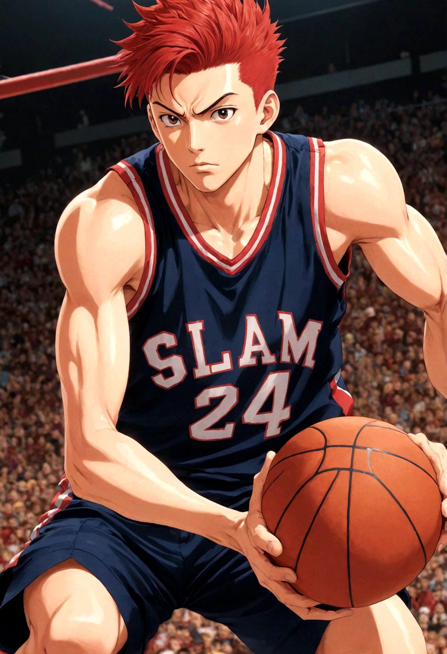 1boy, solo, Slam Dunk, red hair, tall, vest, Hanamichi Sakuragi, best quality, masterpiece, very aesthetic, perfect composition, intricate details, ultra-detailed