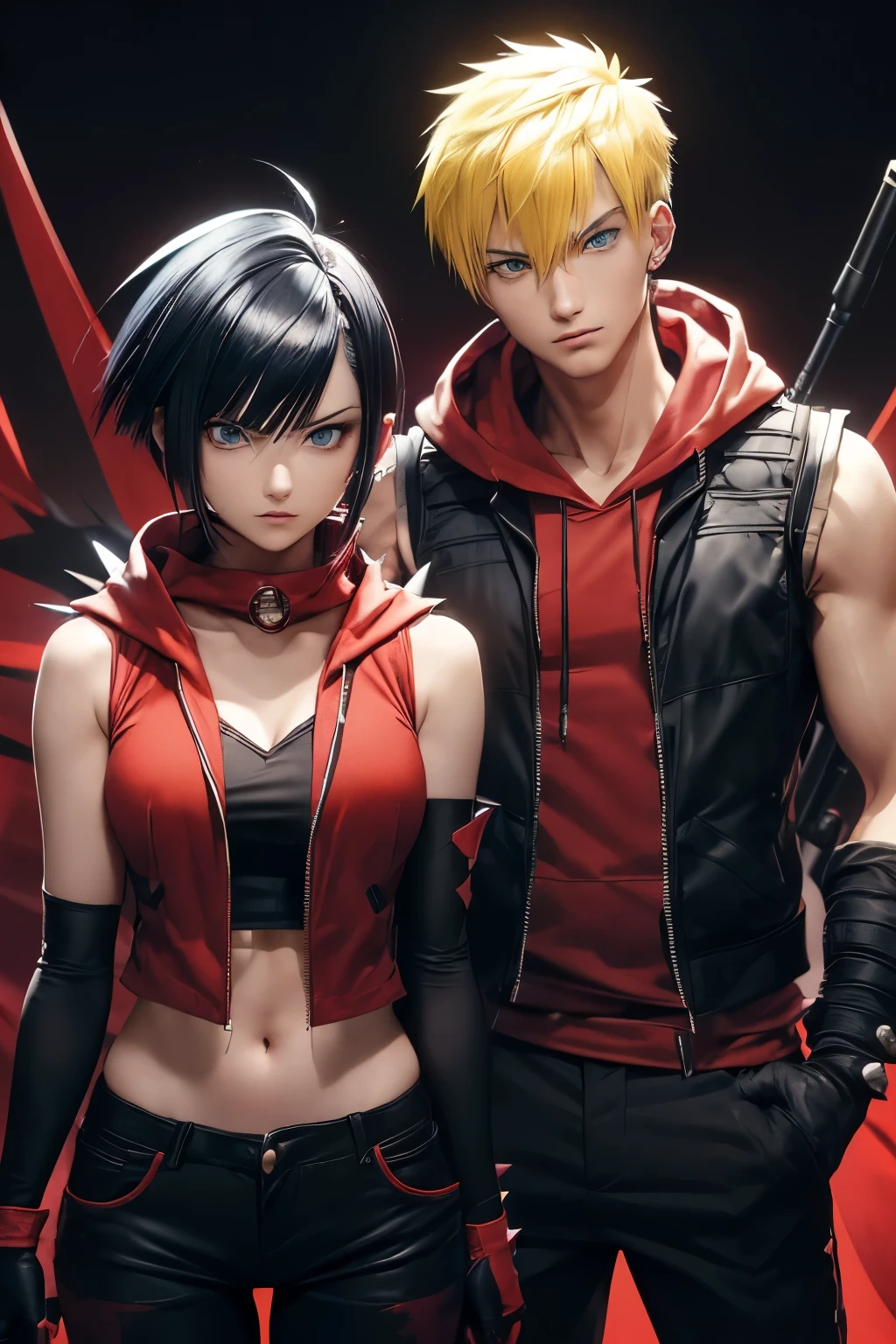 ((Couple)), ((26 years old, male with Yellow hair, Blue eyes, Spiky hair)). 

((26 Years Old, female with Black Hair, Hime Cut, Bang)),, ((red scarf)), ((red hoodie vest)), ((sleeveless)), ((black pants)), ((black gloves)), ((Sniper)), slim, up to legs, intimidating aura