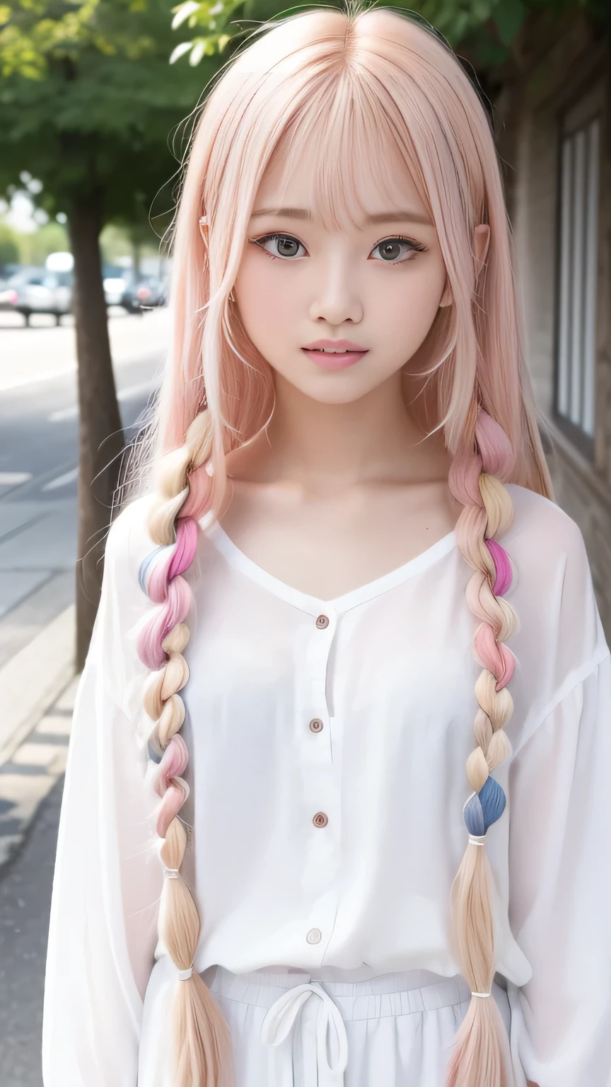Pale, tanned skin、Sunburn marks on tanned skin、Multicolored Hair、Pink Hair,blonde,Platinum Hair,Brown Hair、A cute with a cute look, A strong wind blows my hair in front of my face、beautiful long blonde French braided hair、beautiful, Cute eyes hidden by long bangs、Yawn、Double teeth、No visible nasolabial folds、