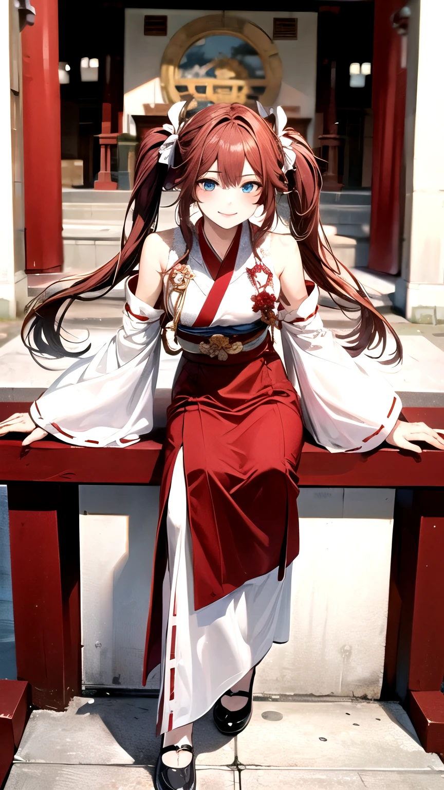 full body,(whole body),((highest quality)), ((masterpiece)), (detailed), Perfect Face. Asian Girl. Red Hair. blue eyes. shrine. miko,(high twintails)