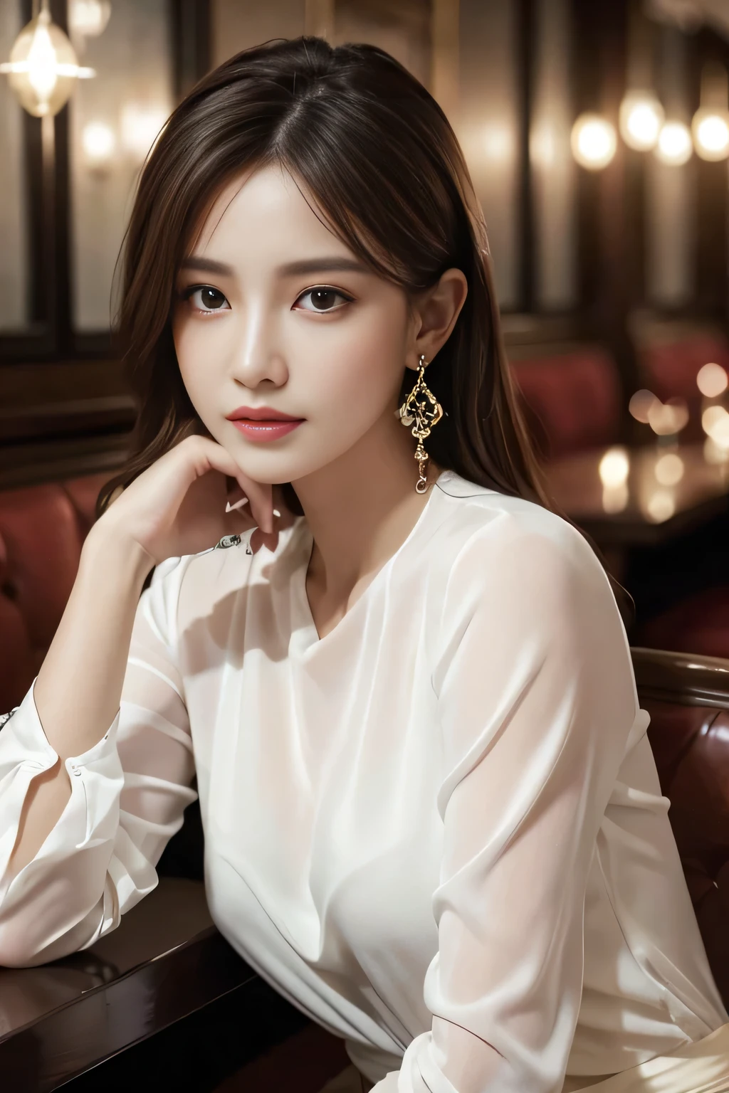 masterpiece, highest quality, Realistic, Very detailed, Finer details, High resolution, 8k wallpaper, One beautiful woman, Wear an elegant white see-through blouse, In a great restaurant, At night, Light brown messy hair, Perfect dynamic composition, Beautiful and beautiful eyes、Big earrings、Sitting in a chair、