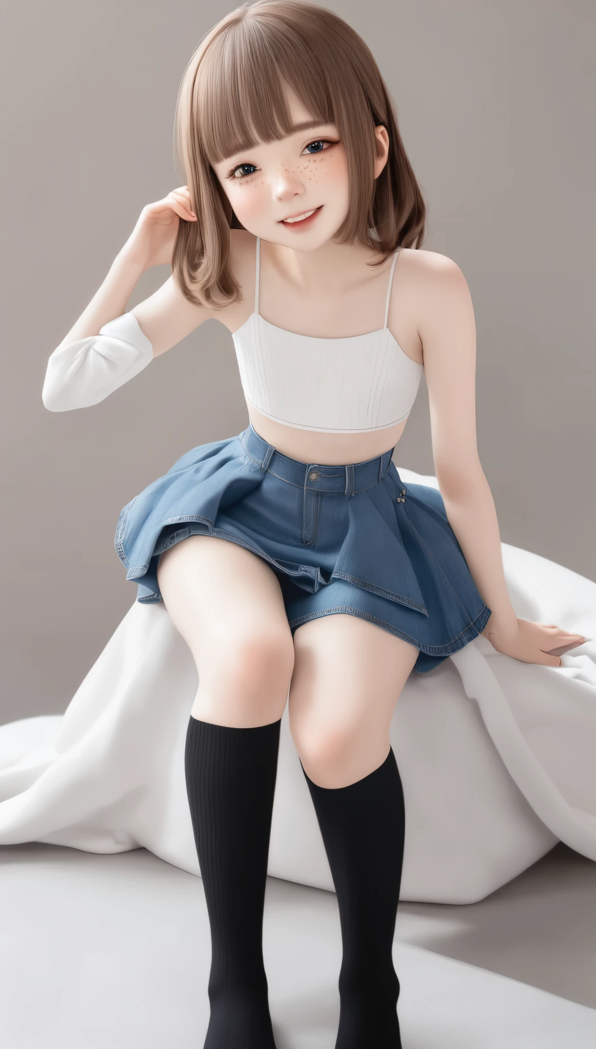 4K, masterpiece, 8k, high quality, 最high quality,10歳のcute少等生, Very white skin, Long brown hair，a bit，Low length，freckles，Thin eyebrows，Straight bangs，(Flat Chest) ，feminine, freckles, Tilt, elegant, elegant, cute, smile, cute, Hilarious, belly button, Denim Low Rise Mini Skirt, ((Black knee socks)), (Ugly clothes)、((Gray background))